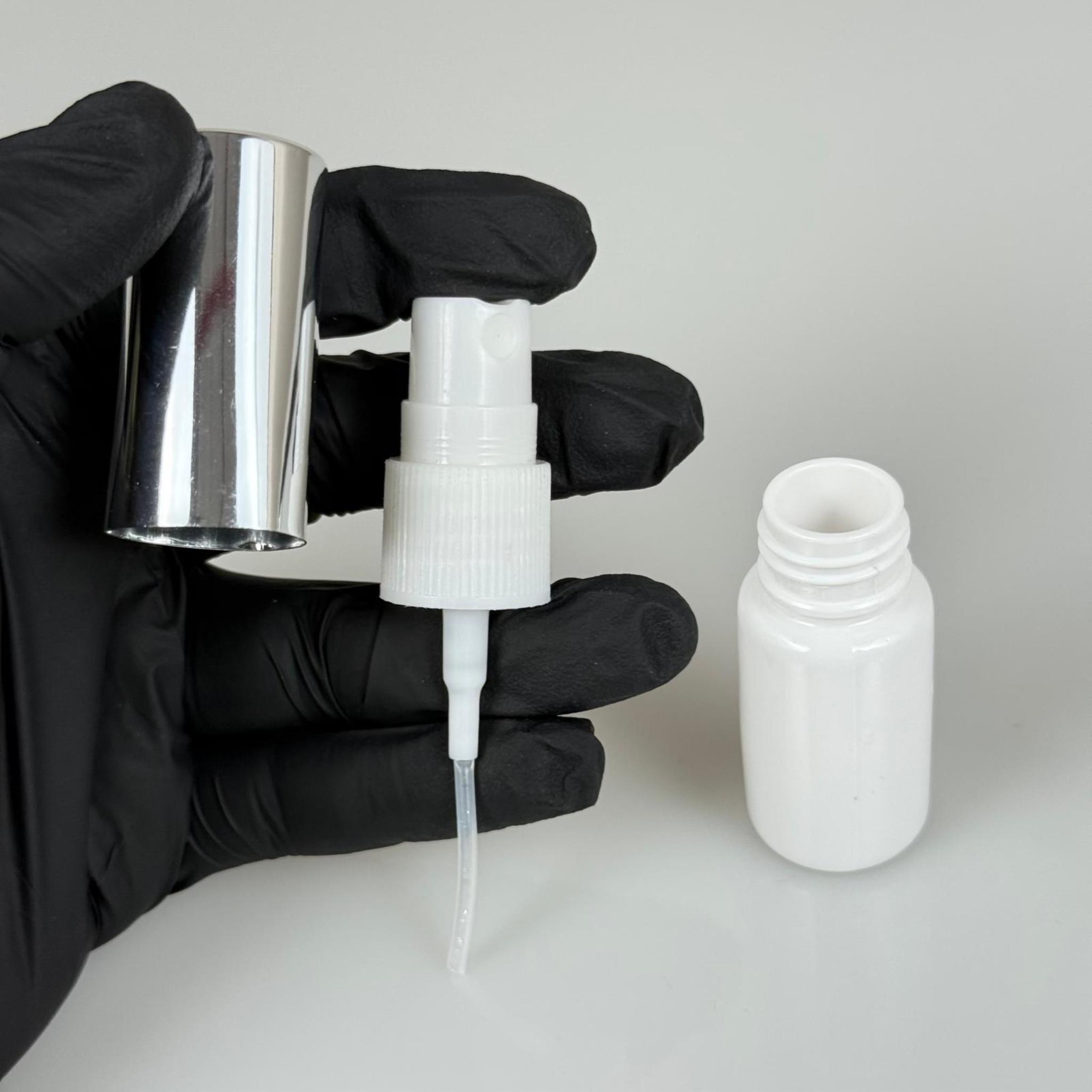 10 ML PET KOLONYA, PARFÜM VB ŞİŞELERİ - METAL ALÜMİNYUM GÜMÜŞ KAPAK + VİDALI SPREY + 10 CC BEYAZ SHOT ŞİŞE SET TAKIM