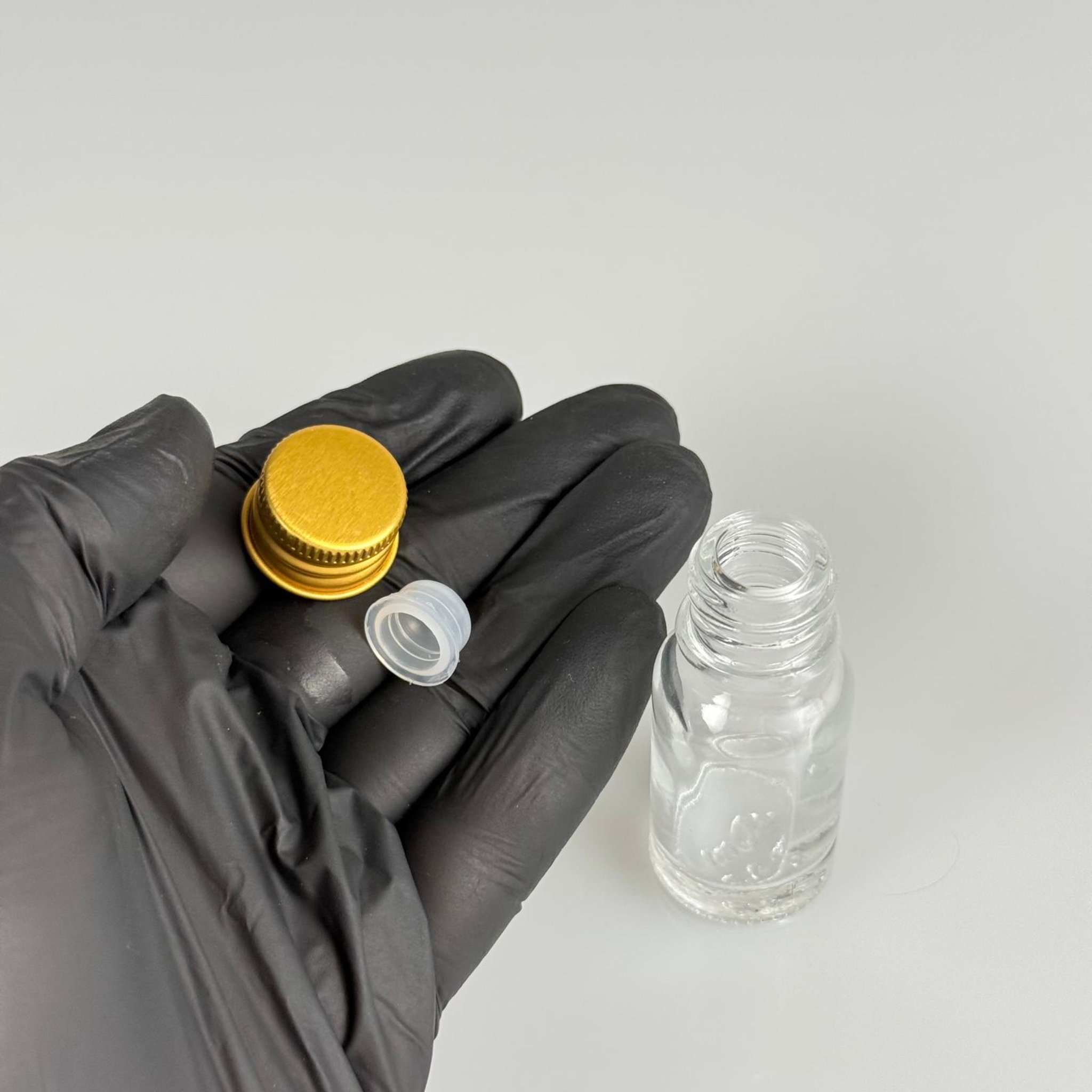 10 CC ŞEFFAF CAM ŞİŞE + KÖPÜK CONTALI GOLD ALÜMİNYUM METAL KAPAKL + KÖR TIPALI TAKIM - 10 ML ŞEFFAF CAM ŞİŞE