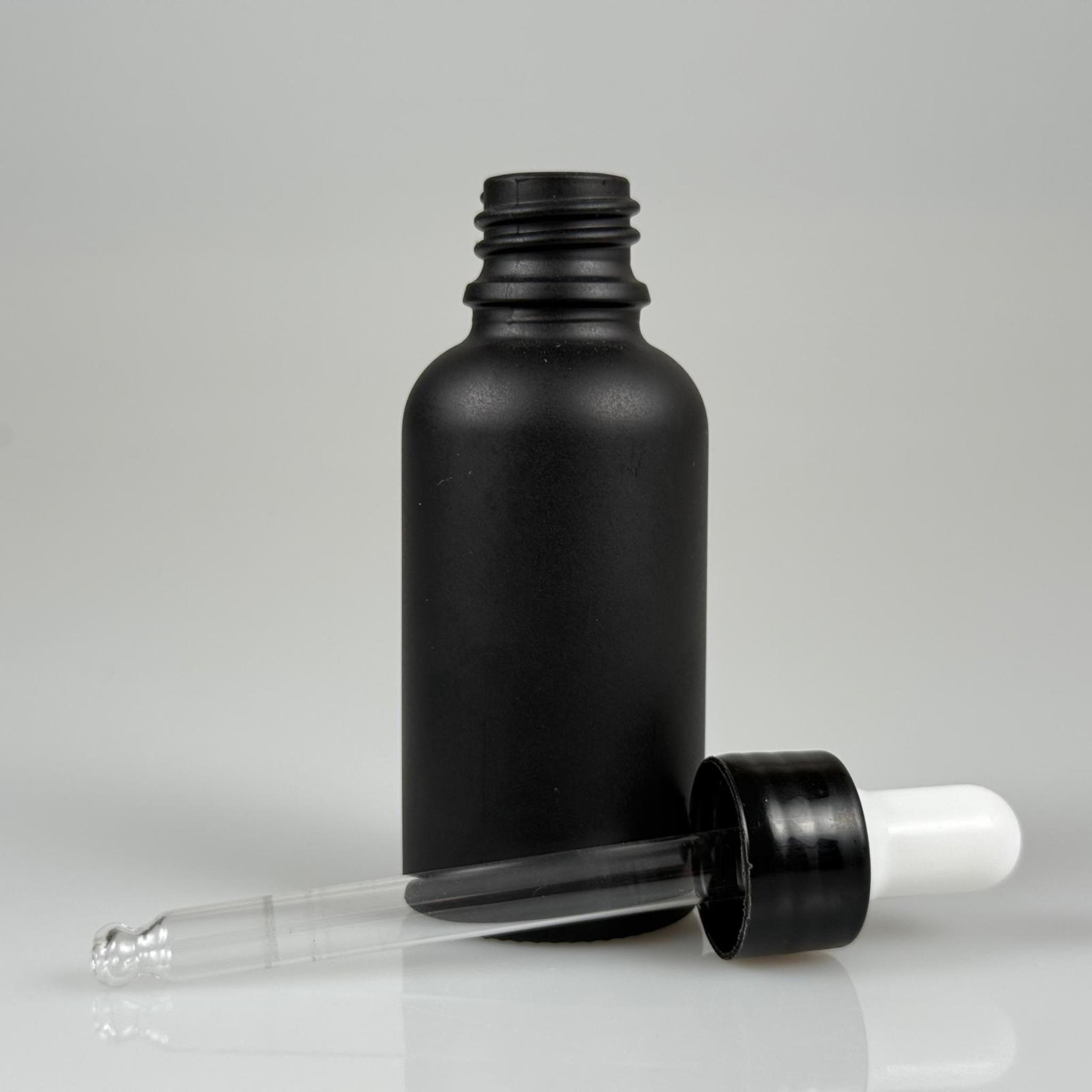 30  CC MAT SİYAH CAM DAMLALIKLI ŞİŞE - BEYAZ EMZİK + SİYAH DÜZ KAPAK + CAM PİPET TAKIM - 30 ML MAT SİYAH DAMLALIKLI ŞİŞE SETİ
