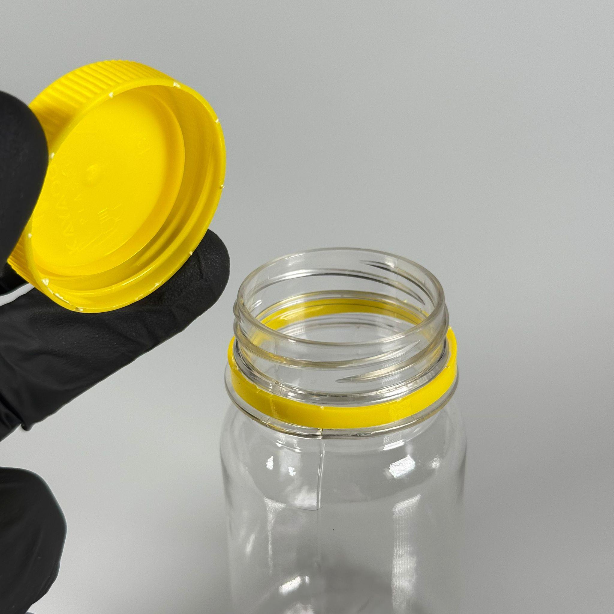 100 CC SİLİNDİR PET ŞİŞE (15,6 GR) - 38 MM GENİŞ AĞIZLI KİLİTLİ SARI KAPAKLI  - 100 ML PLASTİK BOŞ ŞİŞELER