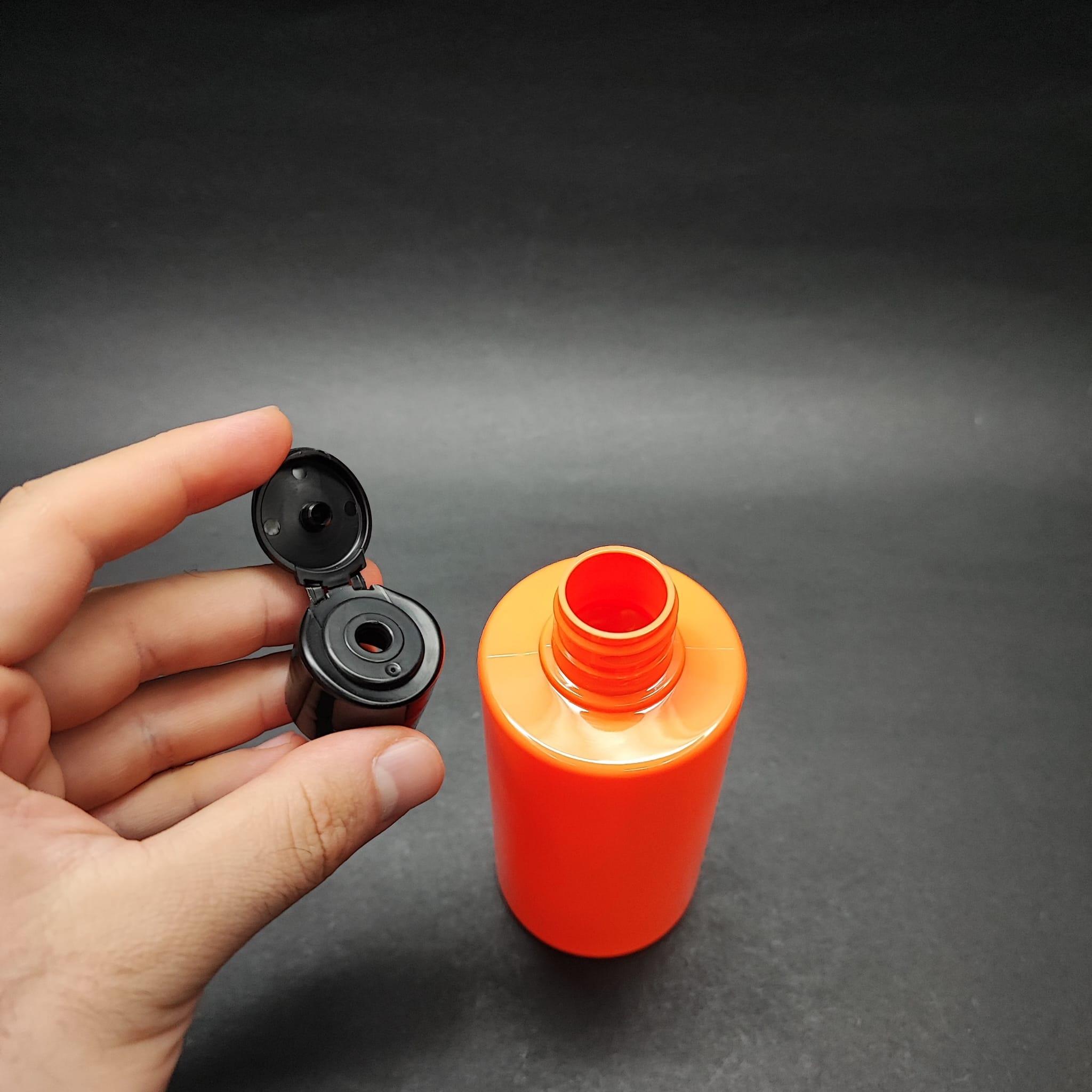 200 CC KÜT BOYUNLU SİLİNDİR PET ŞİŞE (24 GR) - SİYAH FARMASİ MODEL FLİPTOP KAPAKLI - 200 ML PLASTİK ŞİŞE - TURUNCU