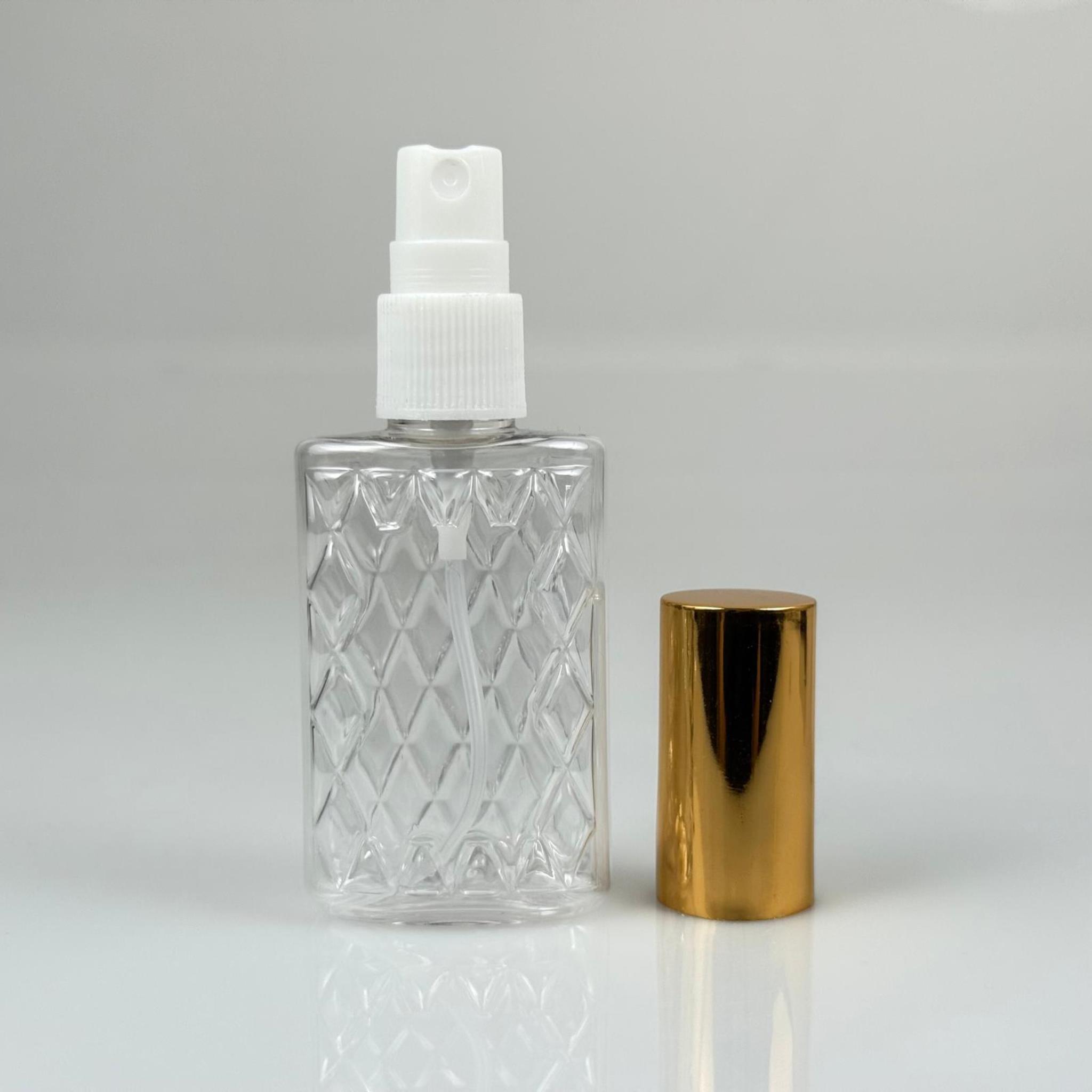 50 ML PET KOLONYA, PARFÜM VB ŞİŞELERİ - METAL ALÜMİNYUM GOLD KAPAK + VİDALI SPREY + 50 CC KÖŞELİ ŞEFFAF ŞİŞE SET TAKIM