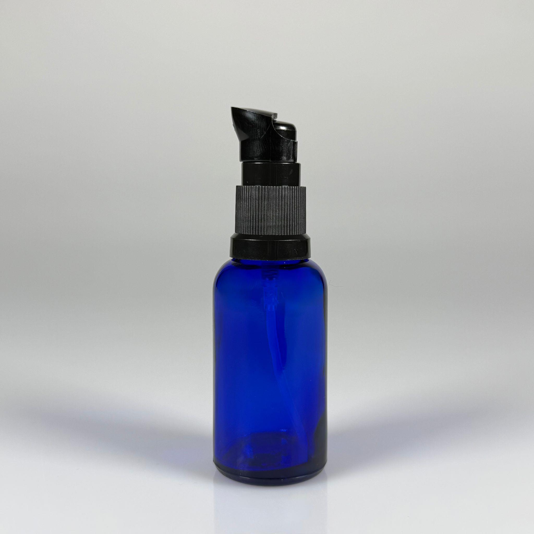 30 CC MAVİ CAM ŞİŞE - SIZDIRMAZ ETEKLİ SİYAH LOSYON POMPALI TAKIM - 30 ML LOSYON ŞİŞESİ - YAĞ, KREM GİBİ YOĞUN KIVAMLI SIVILAR İÇİN CAM AMBALAJ