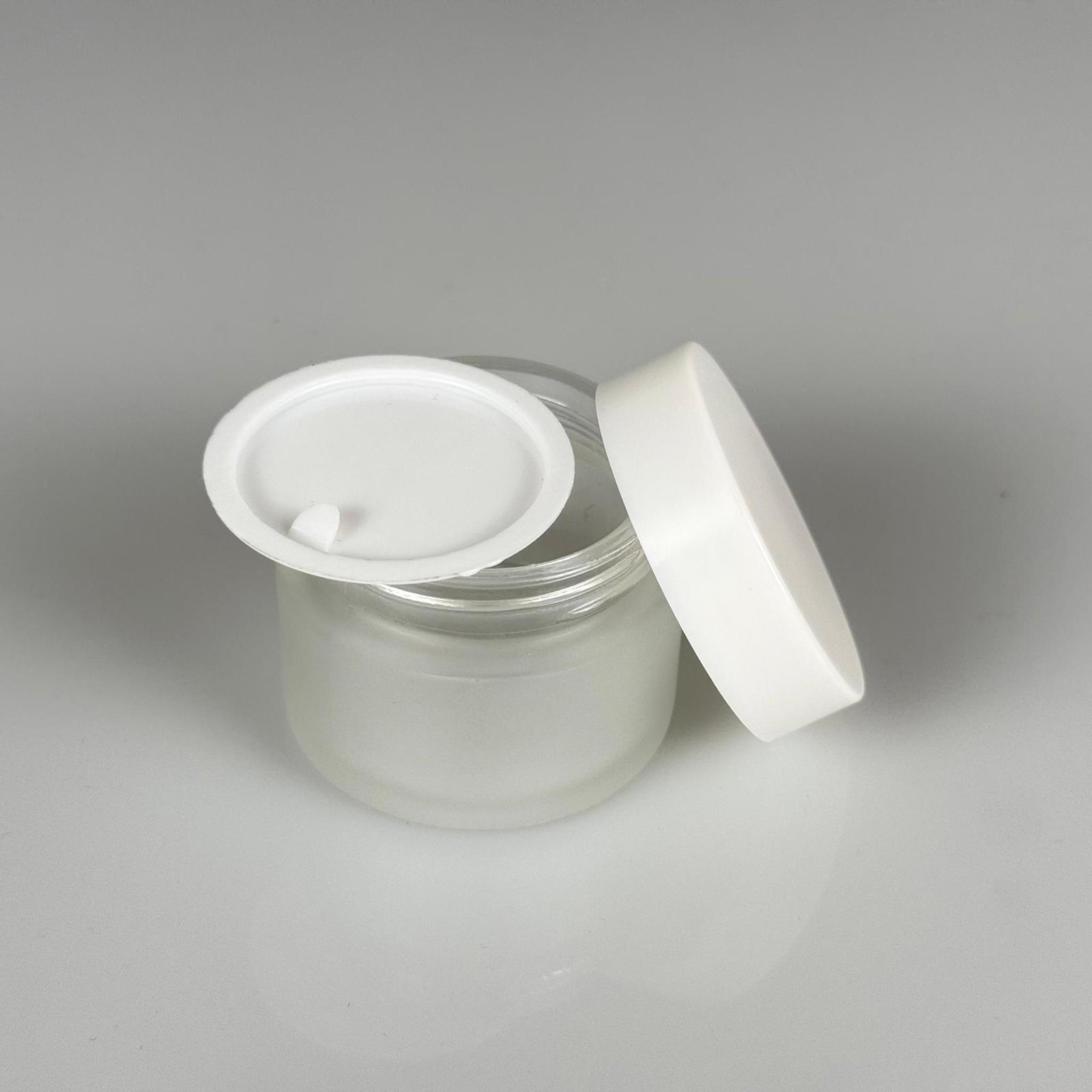 50 CC BUZLU CAM KREM KAVANOZU + BEYAZ KAPAK + İÇ TIPA   - 50 ML Kozmetik ve Bakım Ürünleri İçin Cam Kavanozları