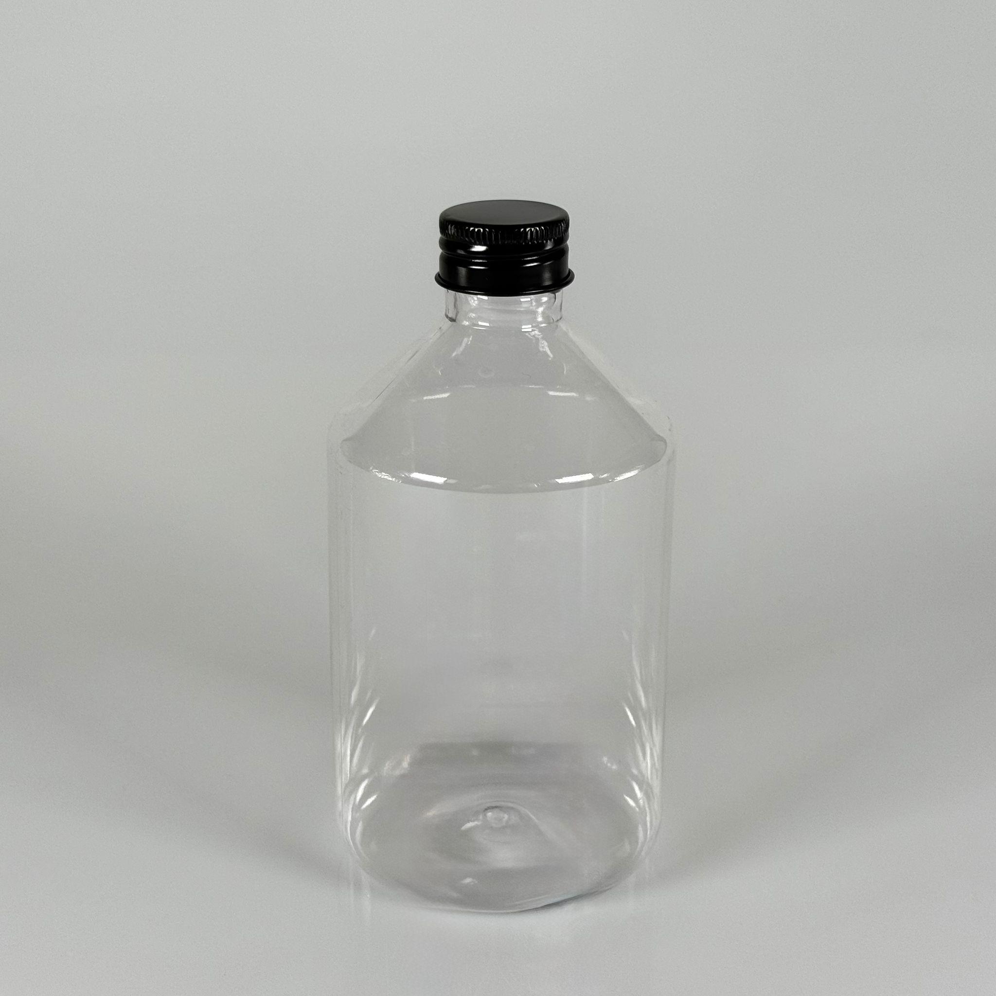 500 CC KÜT BOYUNLU ŞEFFAF PET ŞİŞE - SİYAH METAL ALÜMİNYUM KAPAKLI - 500 ML KALIN (30 gr) PET ŞİŞE