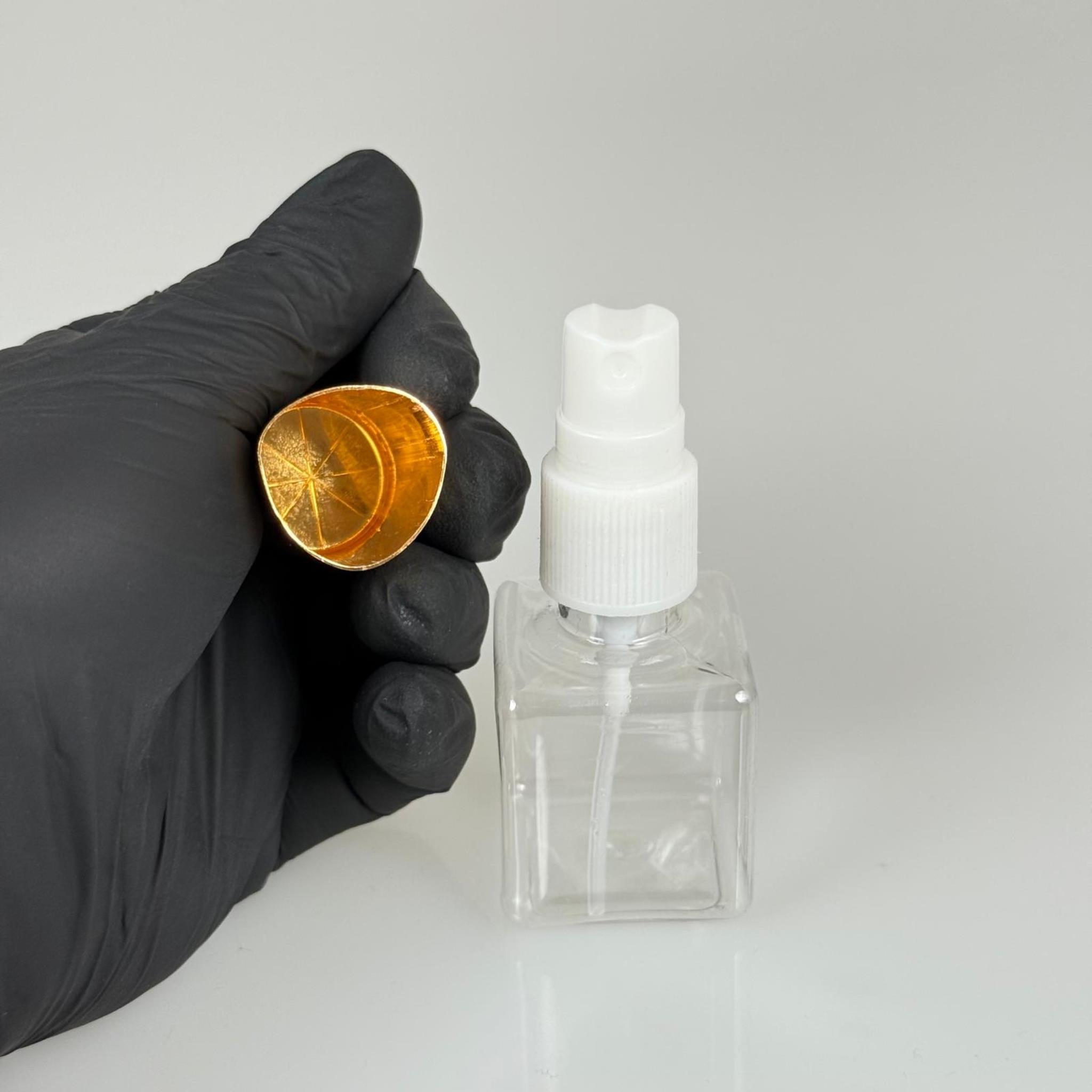 35 ML PET KOLONYA, PARFÜM VB ŞİŞELERİ - METAL ALÜMİNYUM GOLD KAPAK + VİDALI SPREY + 35 CC KARE ŞİŞE SET TAKIM