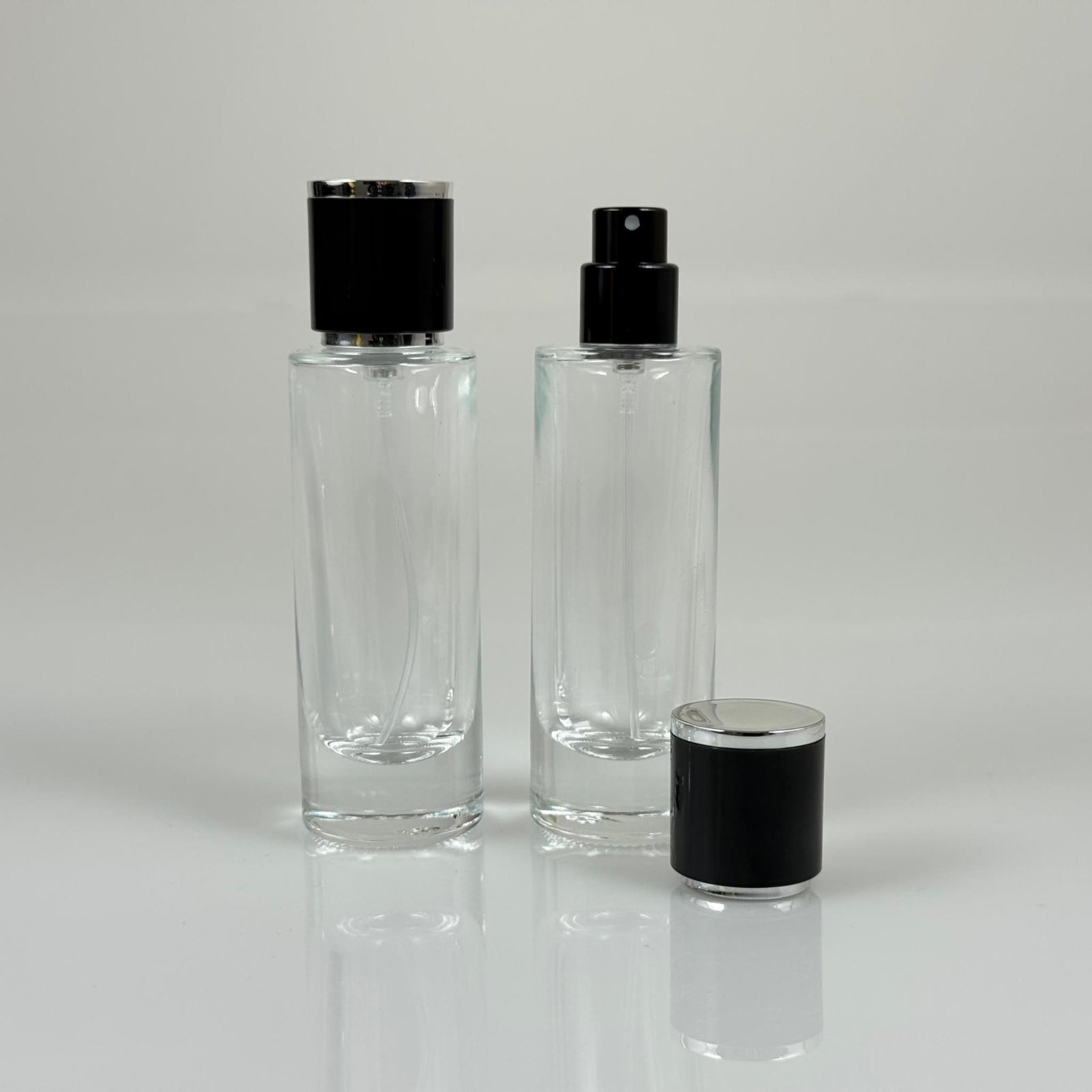 30 ML SİLİNDİR UZUN MODEL PARFÜM ŞİŞESİ - SİYAH METAL SPREYLİ + GÜMÜŞ SİYAH KAPAKLI (AĞIZ 15 MM GEÇME KOLAY KAPAMA)