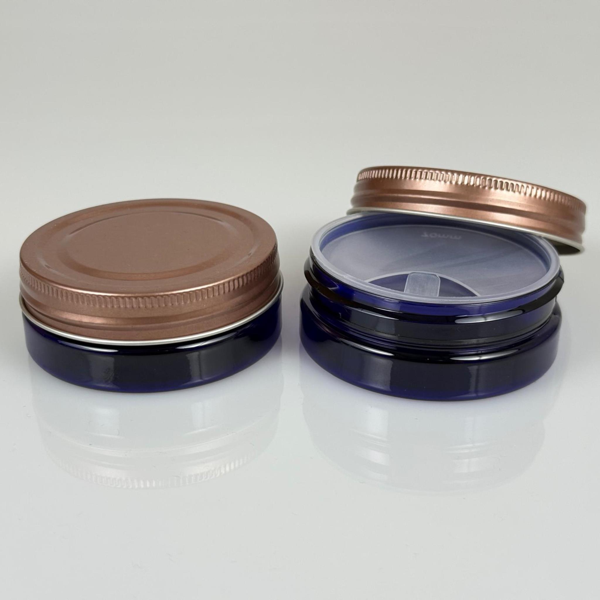 50 ML SERT PET KAVANOZ + BRONZ METAL KAPAK + İÇ TIPA - 50 CC KALIN MAVİ PLASTİK KAVANOZ BRONZ METAL KAPAKLI İÇ TIPALI TAKIM - KREM KAVANOZLARI