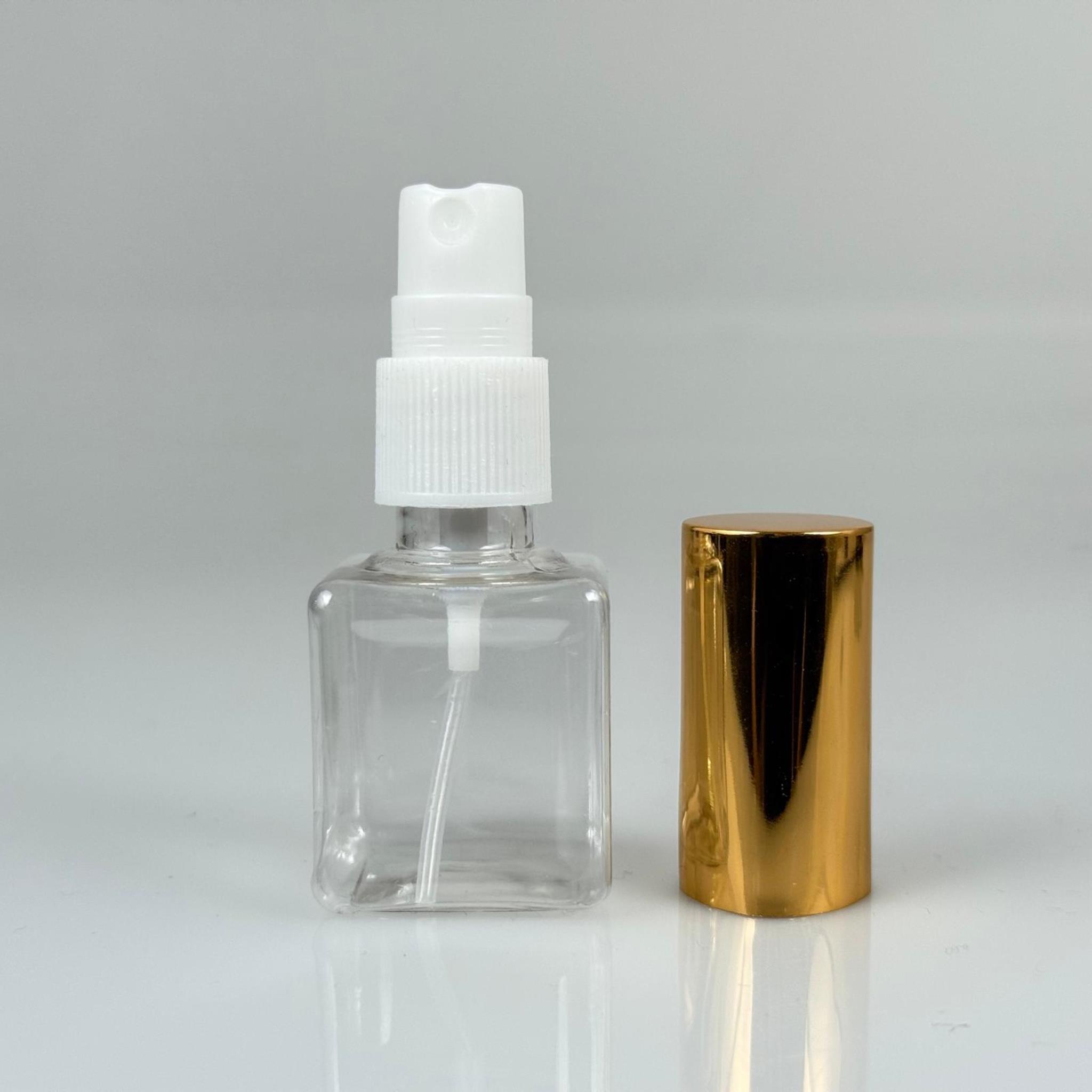 35 ML PET KOLONYA, PARFÜM VB ŞİŞELERİ - METAL ALÜMİNYUM GOLD KAPAK + VİDALI SPREY + 35 CC KARE ŞİŞE SET TAKIM