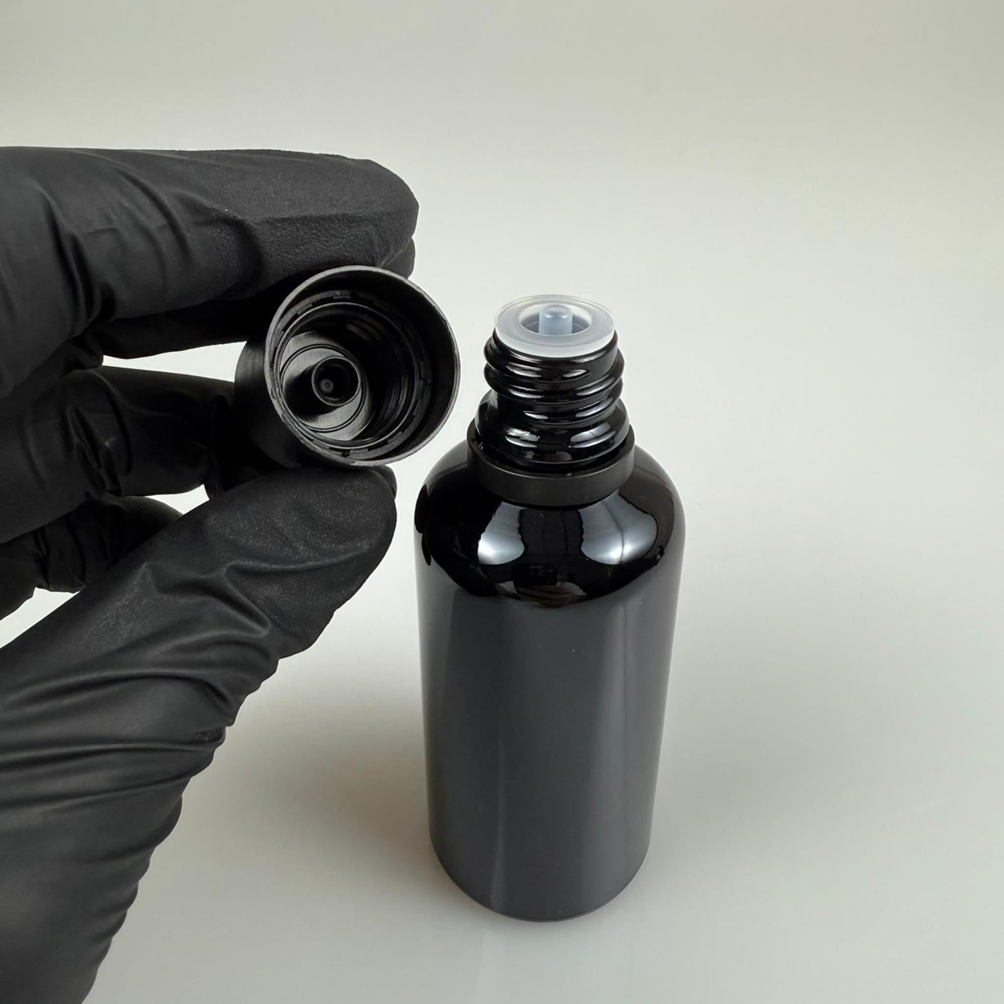 50 CC ORJİNAL SİYAH CAM ŞİŞE + İÇTEN DAMLALIKLI ÇOCUK KİLİTLİ SİYAH KAPAK - SİYAH 50 ML KİLİT KAPAKLI DAMLATMALI ŞİŞE