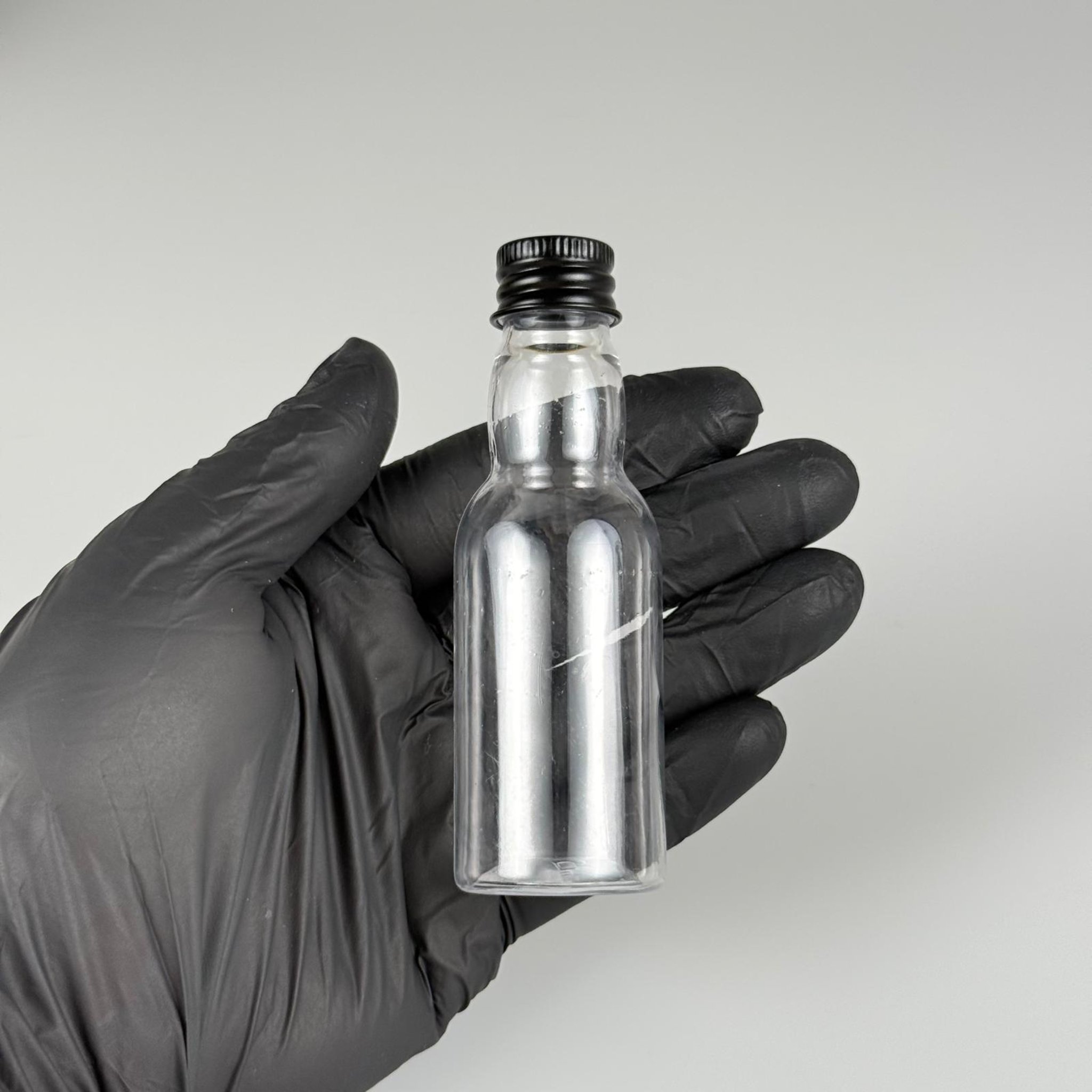 40 CC ŞEFFAF UZUN BOĞAZLI PET ŞİŞE + KÖPÜK CONTALI SİYAH ALÜMİNYUM METAL KAPAKLI TAKIM - 40 ML BOĞAZLI PET ŞİŞE