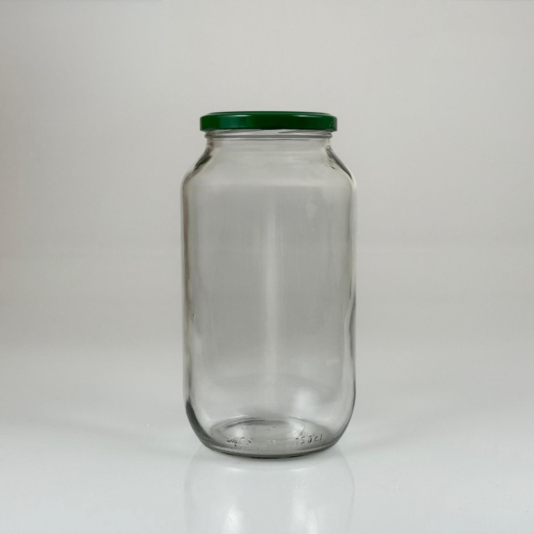 1500 CC CAM KAVANOZ - KOYU YEŞİL METAL KAPAKLI - 1500 ML DAR AĞIZ CAM KAVANOZ