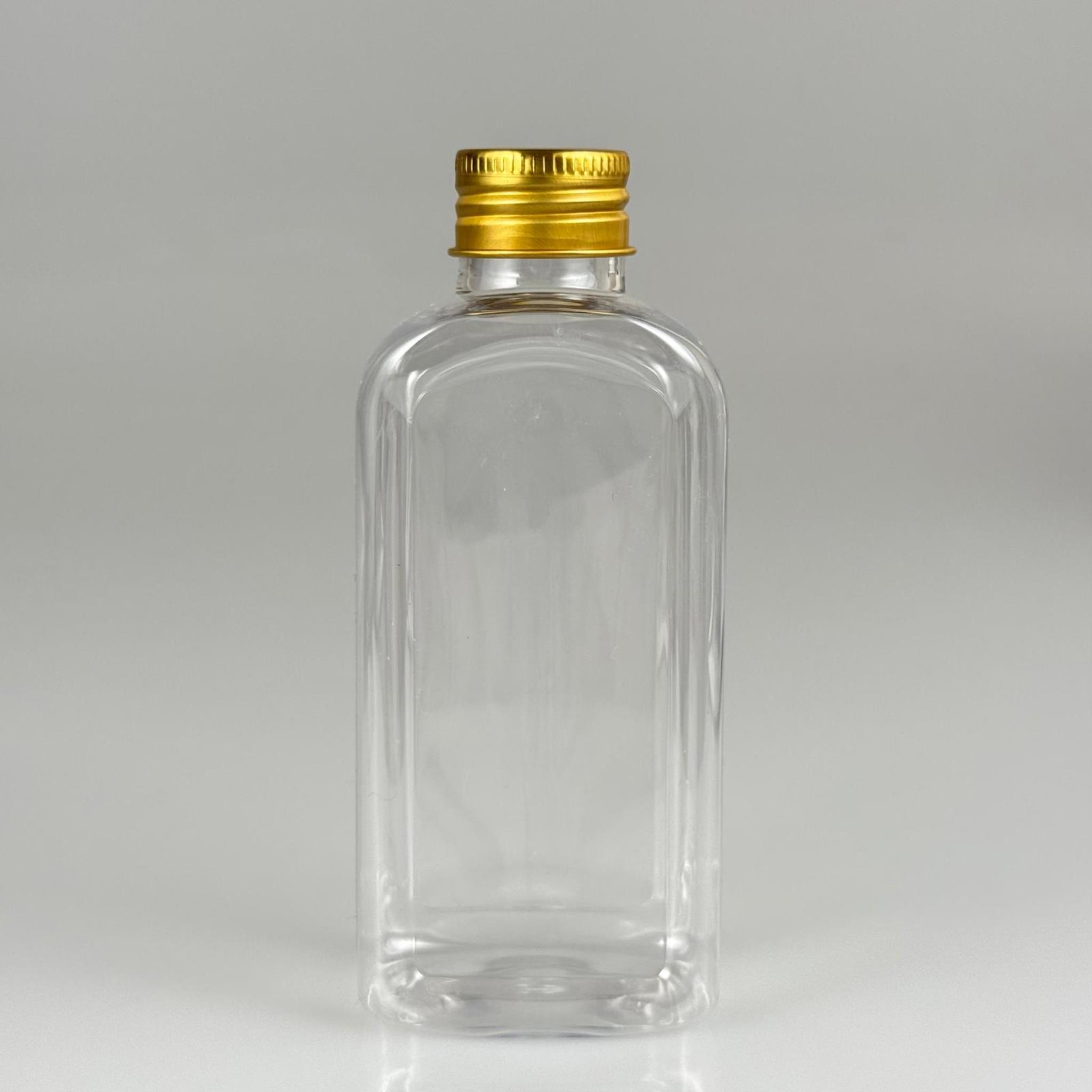 140 CC YASSI KÖŞELİ MODEL ŞEFFAF PET ŞİŞE (24 AĞIZ) + KÖPÜK CONTALI GOLD METAL ALÜMİNYUM KAPAK TAKIM - 140 ML KAPAKLI PLASTİK ŞİŞELER