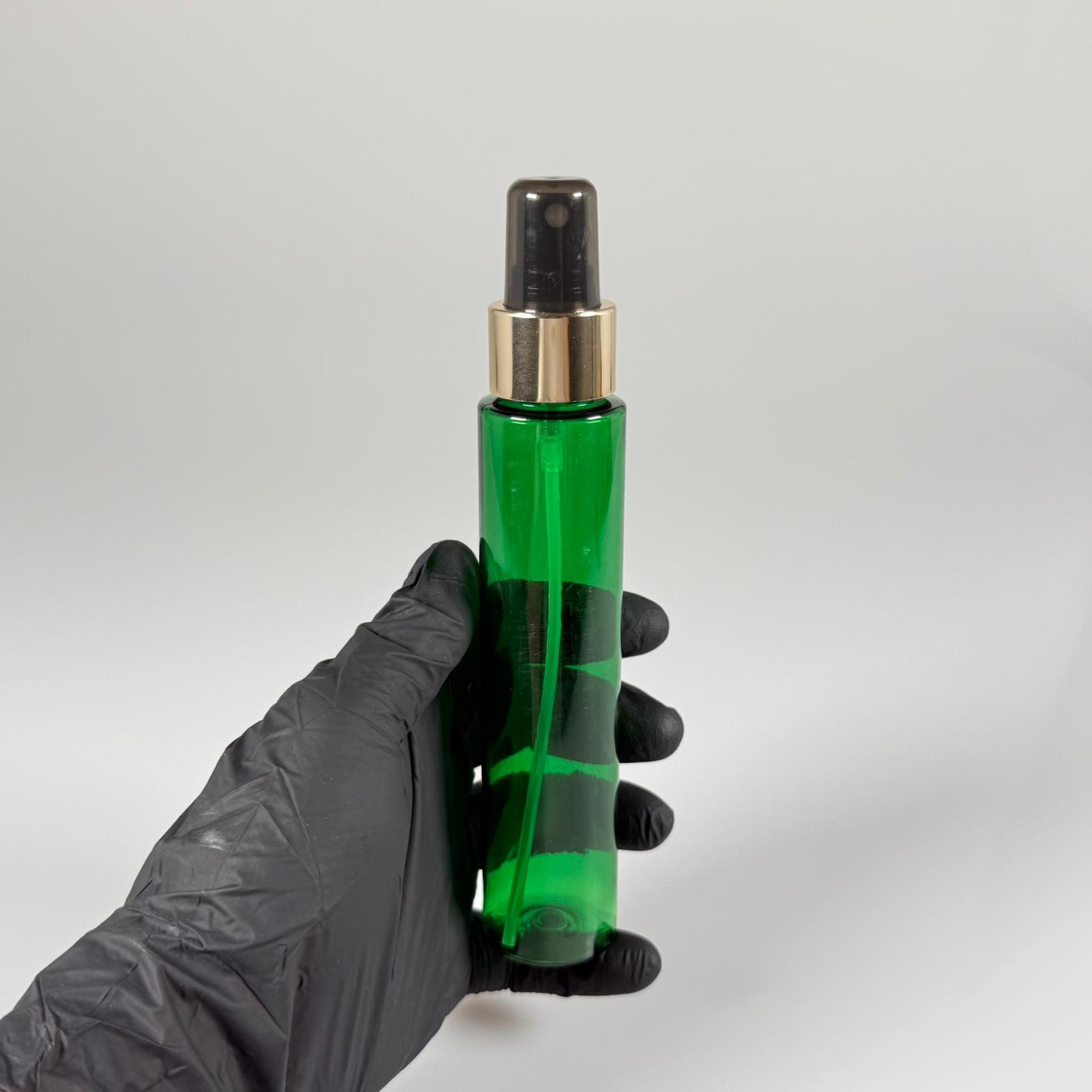 100 CC UZUN SİLİNDİR YEŞİL PET ŞİŞE (24 GR)  - GOLD SPREYLİ - 100 ML BİBERİYE SUYU, LAVANTA YAĞI, SAÇ SERUM, TONİK VB İÇİN PLASTİK KOZMETİK AMBALAJLARI