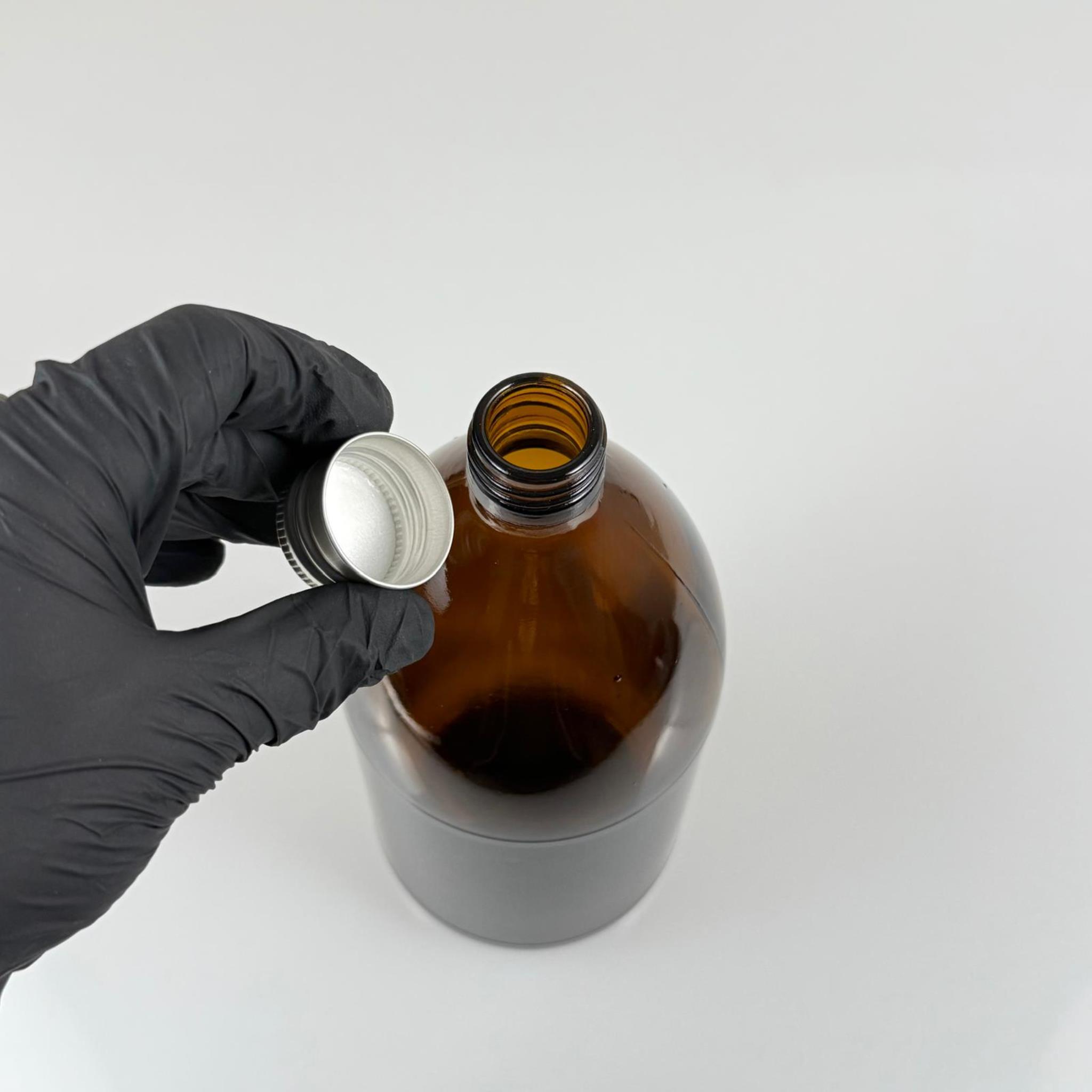 1000 CC AMBER TOMBUL ÖZEL SERİ CAM ŞİŞE - METAL ALÜMİNYUM GÜMÜŞ KÖPÜK CONTALI KAPAKLI - 1000 ML CAM ECZA ŞİŞESİ - KAHVERENGİ