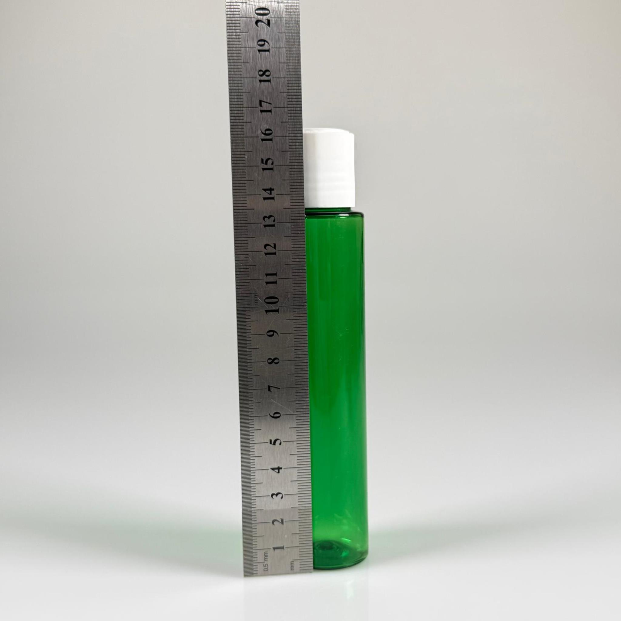100 CC UZUN SİLİNDİR YEŞİL PET ŞİŞE (24 GR) - BEYAZ DİSKTOP AKITICI ŞAMPUAN KAPAKLI - 100 ML BİBERİYE SUYU, LAVANTA YAĞI, SAÇ SERUM, TONİK VB İÇİN PLASTİK KOZMETİK AMBALAJLARI