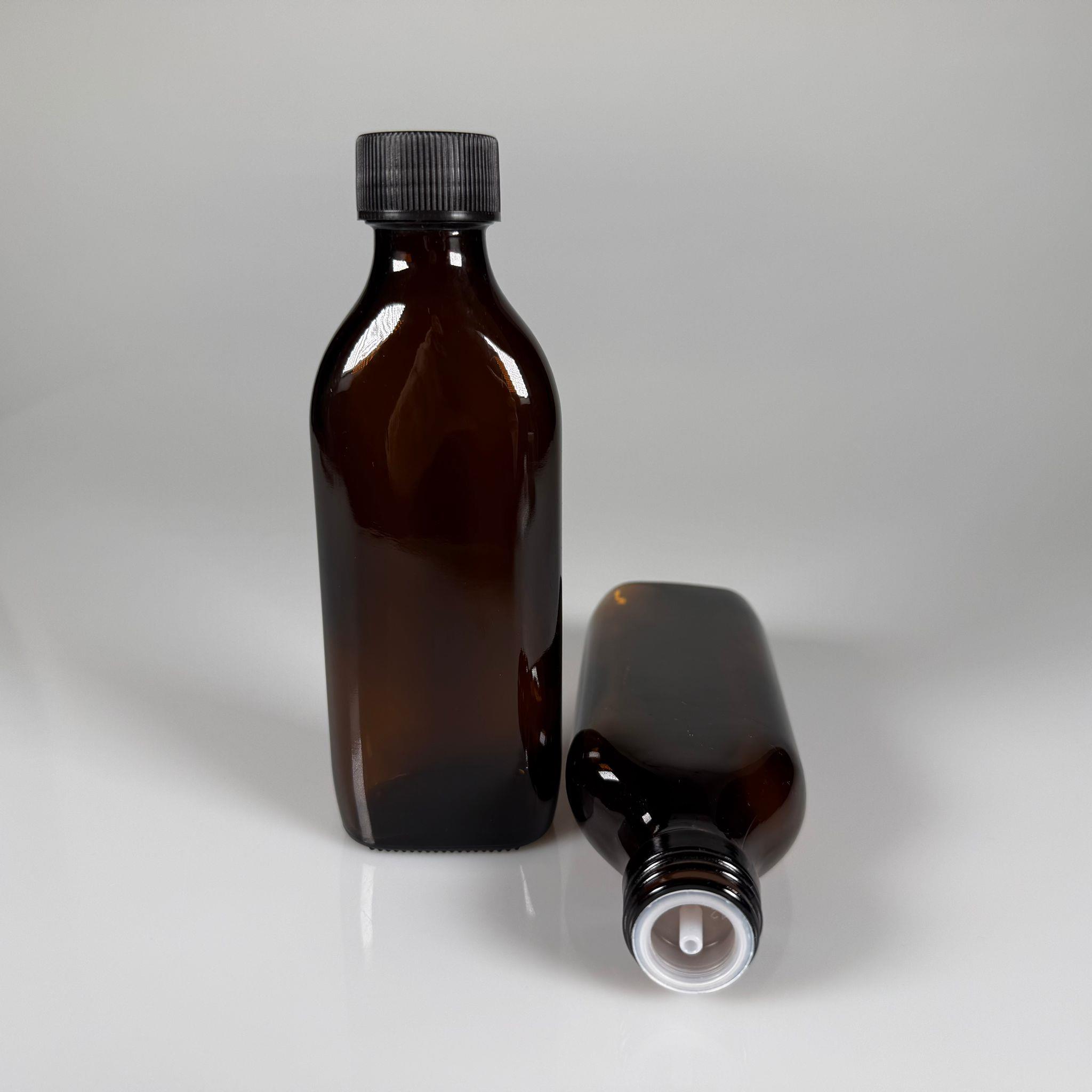 150 ML YASSI DOLUMU KOLAY, GENİŞ AĞIZLI İÇTEN DAMLALIKLI ŞİŞE (28 MM AĞIZ)  - 150 CC SİYAH CONTALI KAPAKLI İÇTEN DAMLALIKLI CAM ECZA ŞİŞESİ - AMBER KAHVERENGİ