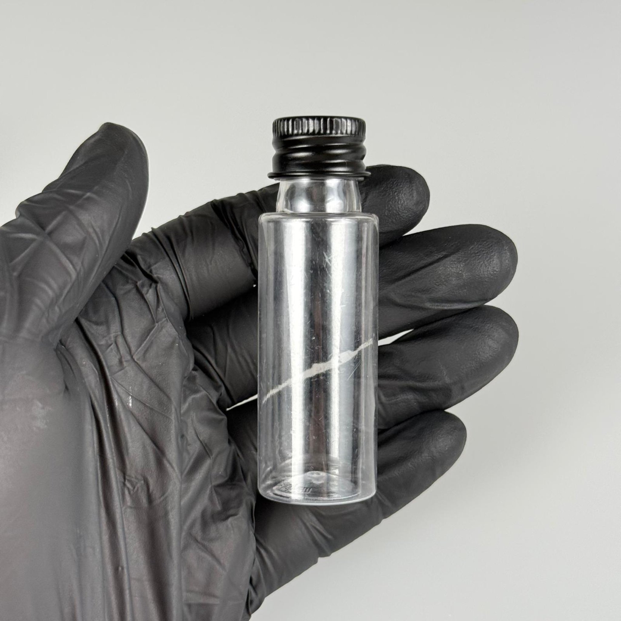 20 CC ŞEFFAF PET ŞİŞE + KÖPÜK CONTALI SİYAH ALÜMİNYUM METAL KAPAKLI TAKIM - 20 ML PLASTİK ŞİŞE