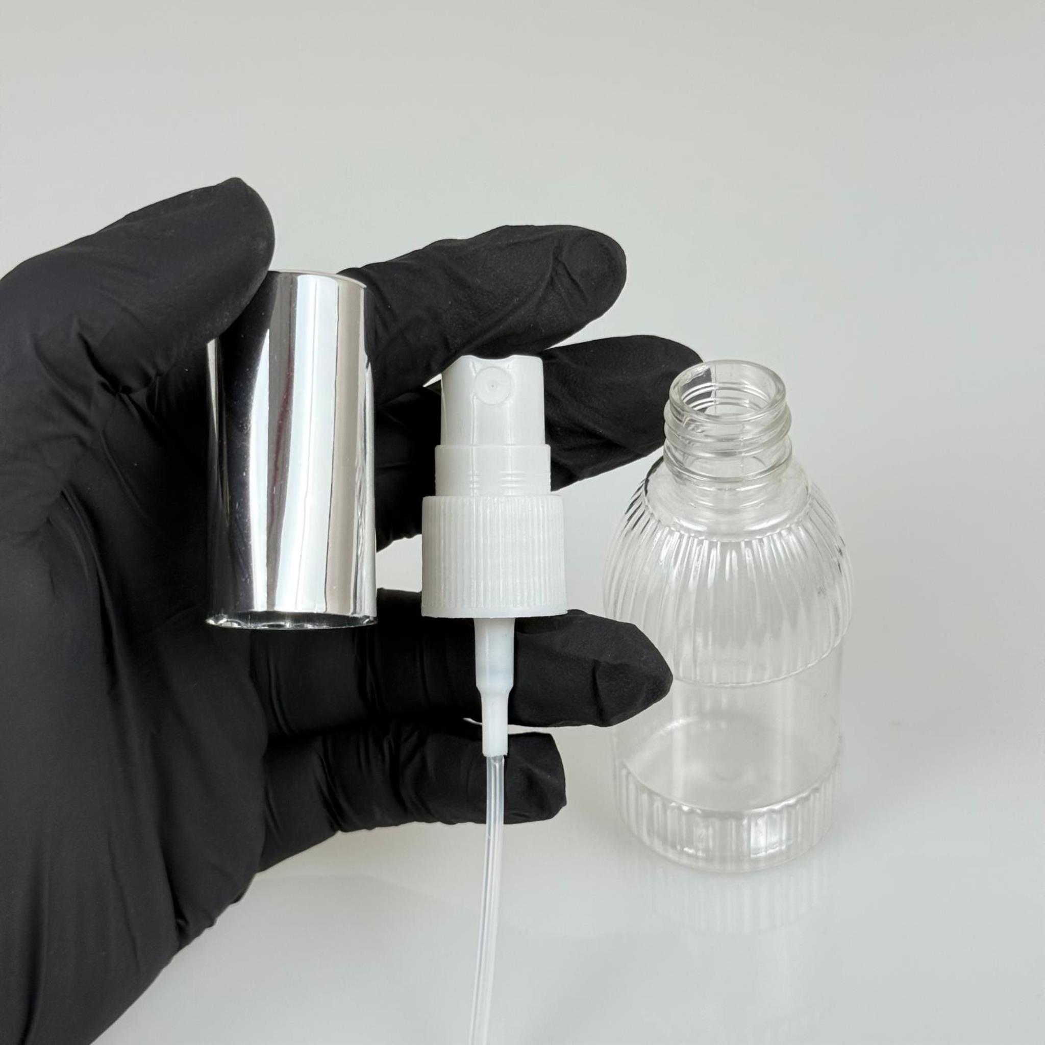 50 ML PET KOLONYA, PARFÜM VB ŞİŞELERİ - METAL ALÜMİNYUM GÜMÜŞ KAPAK + VİDALI SPREY + 50 CC MANDALİNA MODEL ŞİŞE SET TAKIM