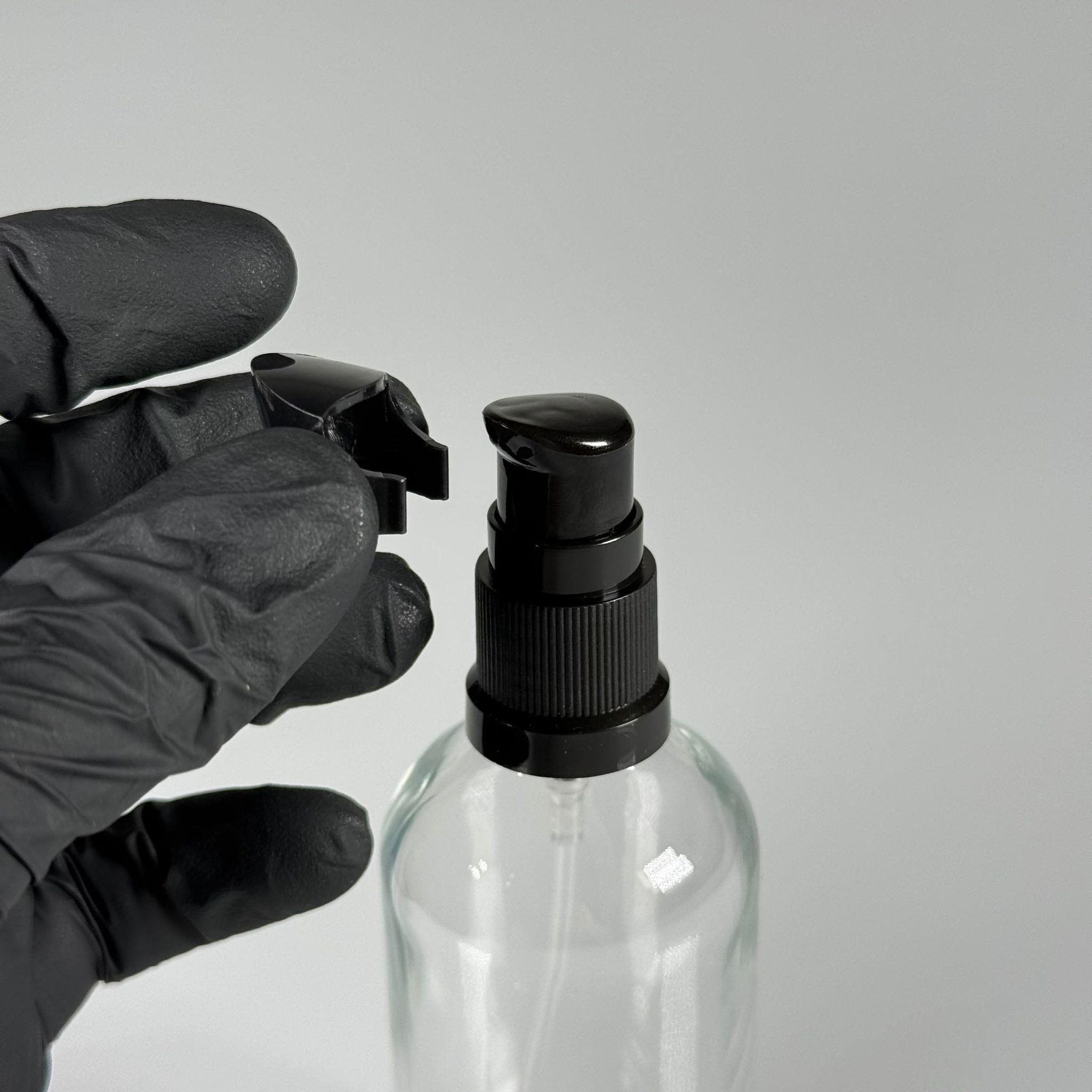 100 CC ŞEFFAF CAM ŞİŞE - SIZDIRMAZ ETEKLİ SİYAH LOSYON POMPALI TAKIM - 100 ML LOSYON ŞİŞESİ - YAĞ, KREM GİBİ YOĞUN KIVAMLI SIVILAR İÇİN CAM AMBALAJ