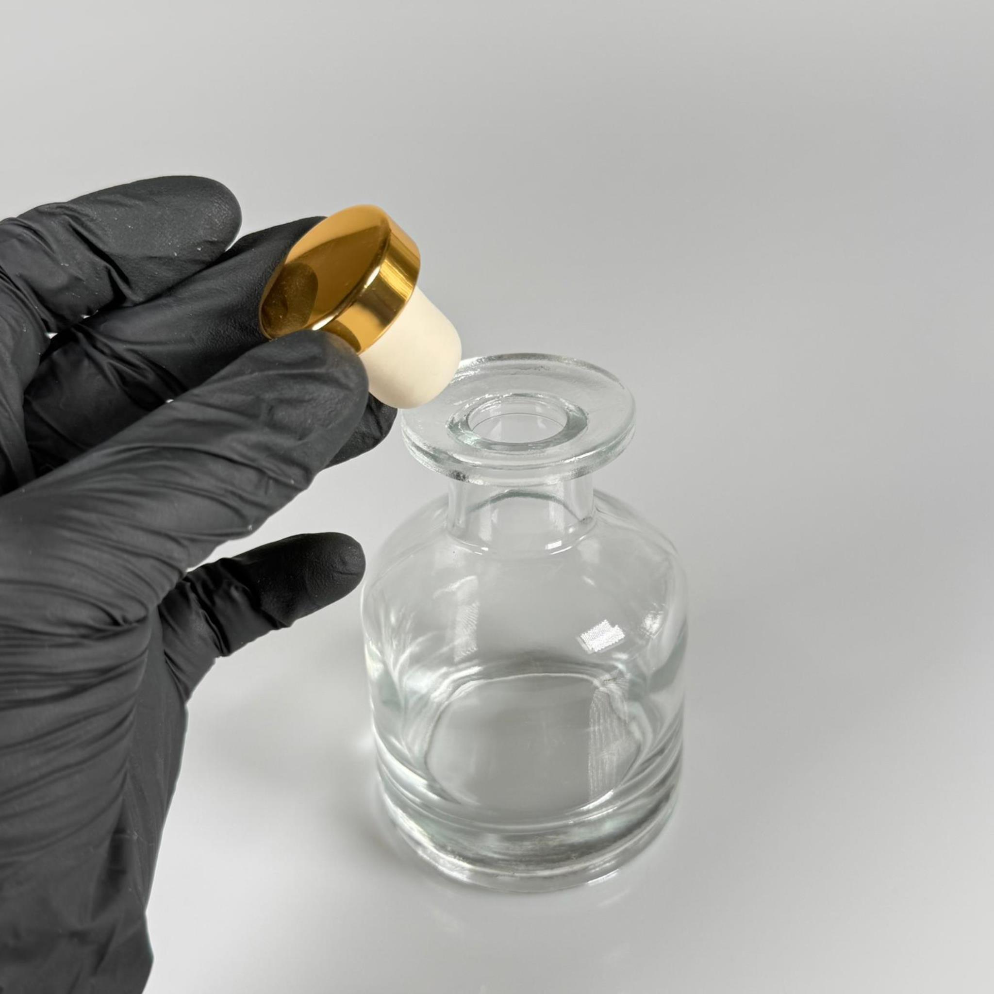 150 CC ŞEFFAF SİLİNDİR BAMBU CAM ESANS ŞİŞESİ - 150 ML KOKU, ESANS, PARFÜMERİ ŞİŞESİ - GOLD MANTAR TIPALI TAKIM