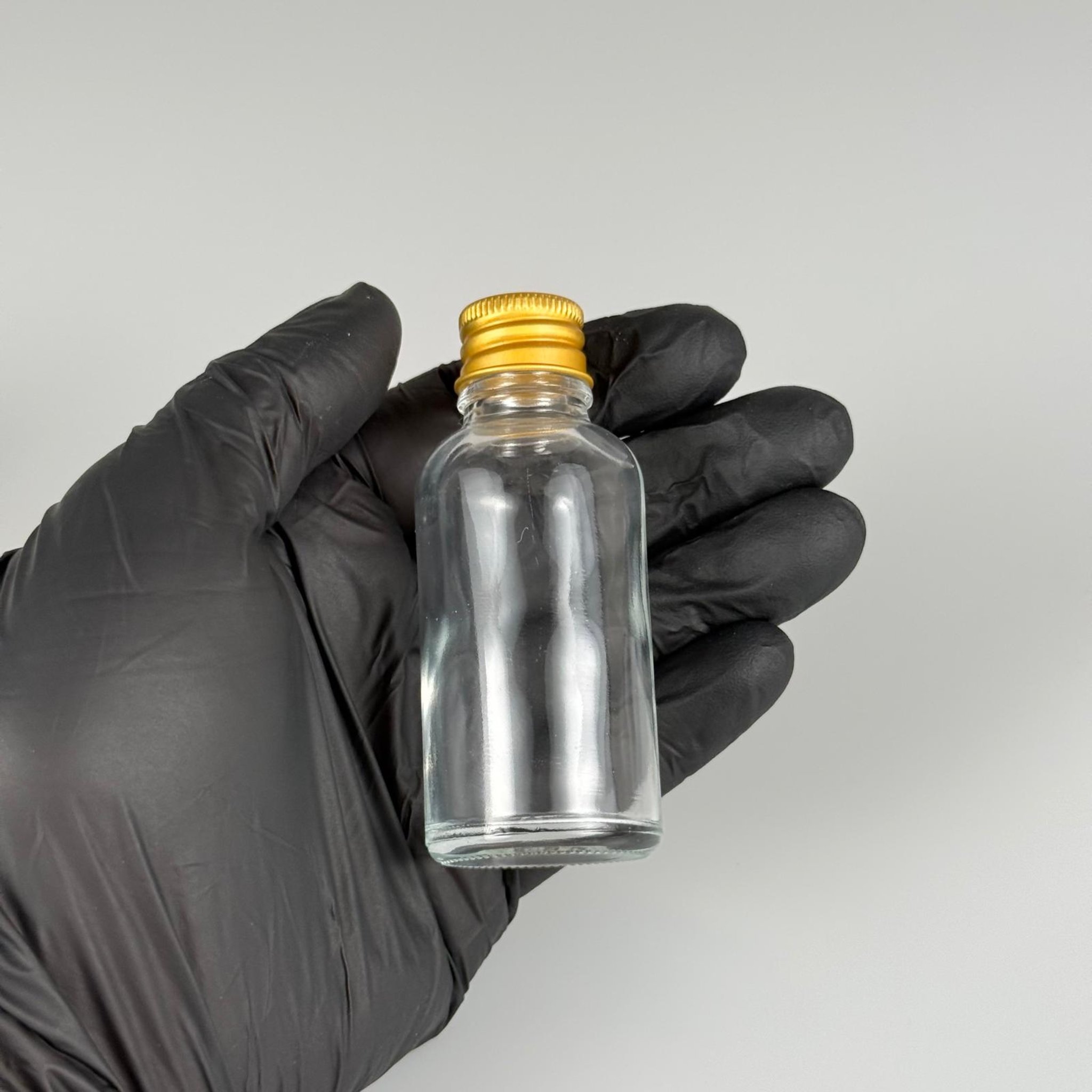 30 CC ŞEFFAF CAM ŞİŞE + KÖPÜK CONTALI GOLD ALÜMİNYUM METAL KAPAKLI TAKIM - 30 ML ŞEFFAF CAM ŞİŞE