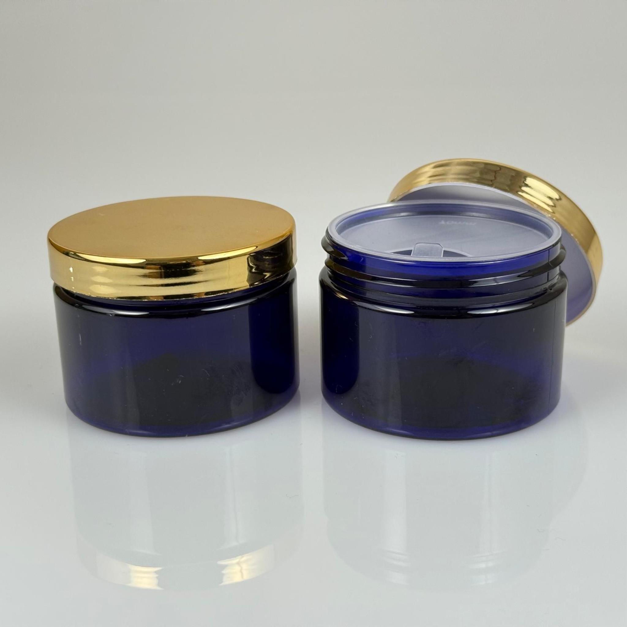 150 ML SERT PET KAVANOZ + GOLD KAPLAMALI PLASTİK KAPAK + İÇ TIPA - 150 CC KALIN MAVİ PLASTİK KAVANOZ GOLD KAPLAMALI PLASTİK KAPAKLI İÇ TIPALI TAKIM - KREM KAVANOZLARI