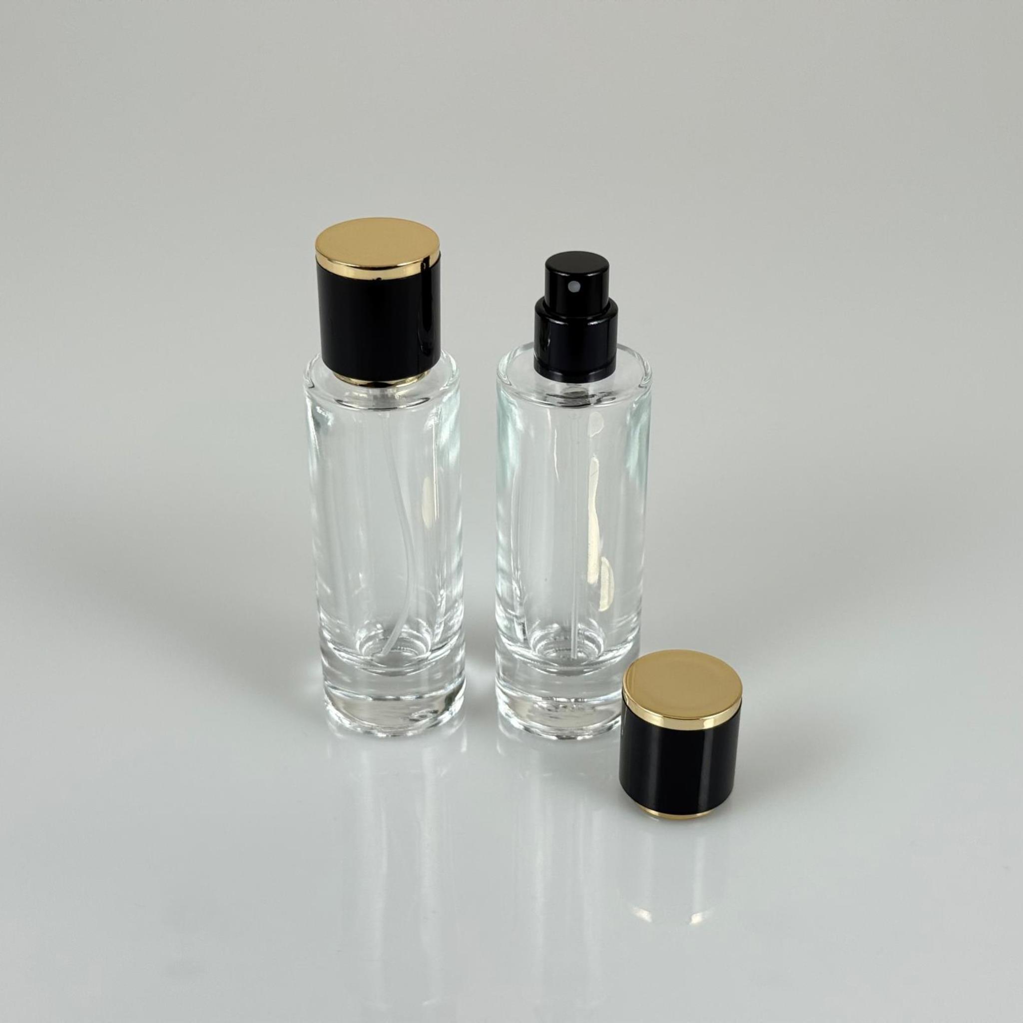 30 ML SİLİNDİR UZUN MODEL PARFÜM ŞİŞESİ - SİYAH METAL SPREYLİ + GOLD SİYAH KAPAKLI (AĞIZ 15 MM GEÇME KOLAY KAPAMA)