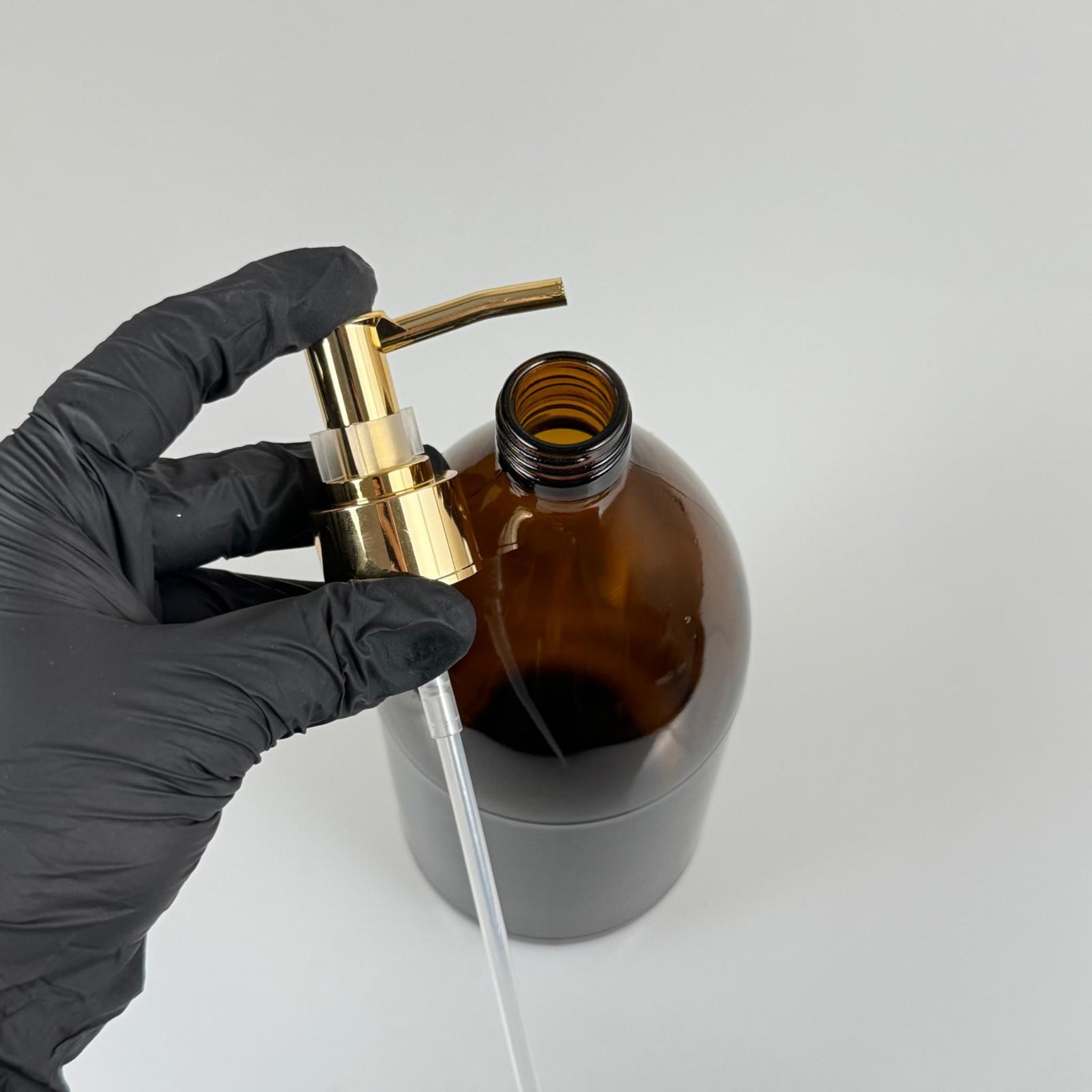 1000 CC AMBER TOMBUL ÖZEL SERİ CAM ŞİŞE - METALİK KAPLAMALI LÜX GOLD POMPALI - 1000 ML CAM ECZA ŞİŞESİ - KAHVERENGİ