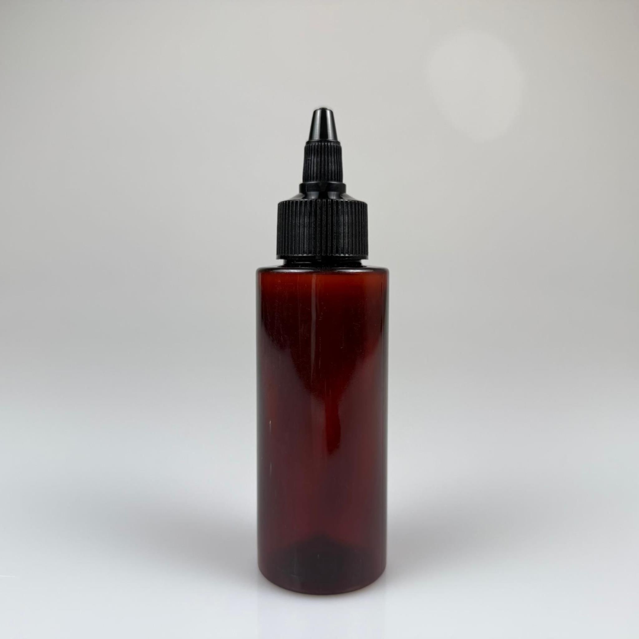 YAĞ, SOS, ACI SOS, SİRKE, SRIRACHA, MÜREKKEP, TUTKAL AKITICI VB BOŞ ŞİŞELERİ - SİYAH SİVRİ TWİST AKITICI KAPAK + 100 ML KÜT AMBER SERT PET PLASTİK ŞİŞE TAKIM