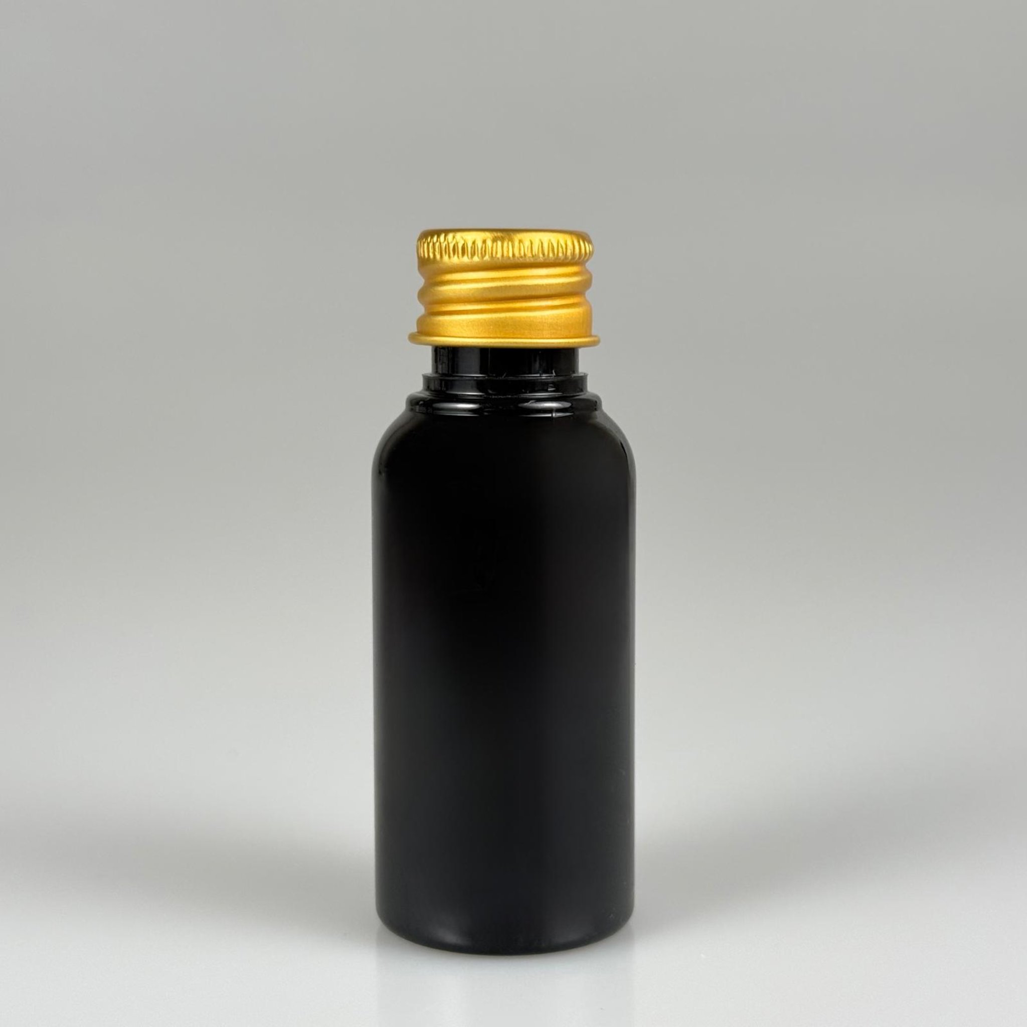 30  CC SİYAH SERT PET ŞİŞE + KÖPÜK CONTALI GOLD ALÜMİNYUM METAL KAPAKLI  TAKIM - 30 ML SİYAH PLASTİK ŞİŞE