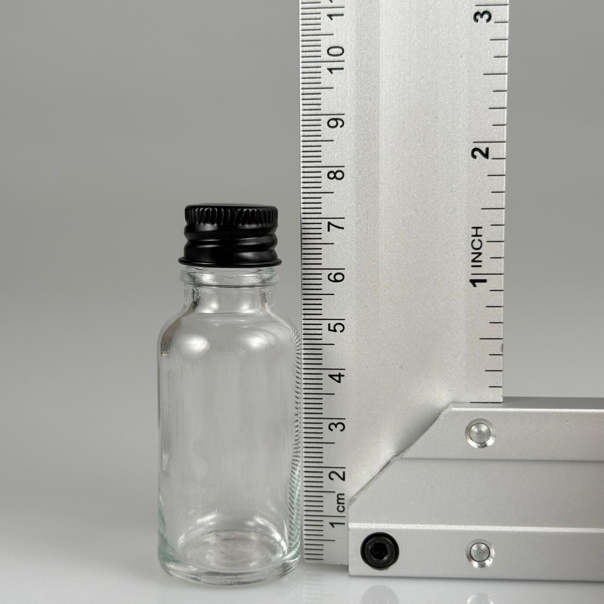 20 CC ŞEFFAF CAM ŞİŞE + KÖPÜK CONTALI SİYAH ALÜMİNYUM METAL KAPAKLI + KOLONYA TIPALI TAKIM - 20 ML ŞEFFAF CAM ŞİŞE