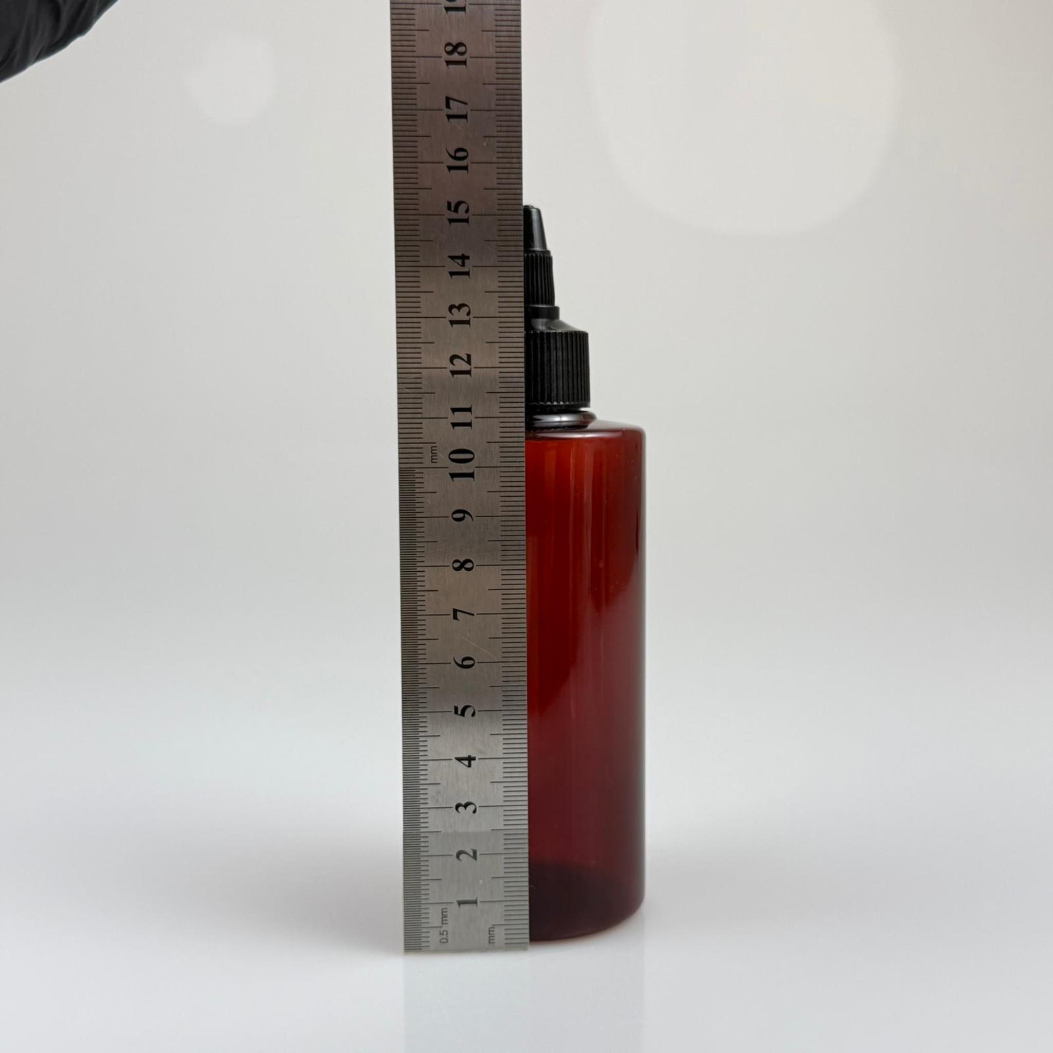 YAĞ, SOS, ACI SOS, SİRKE, SRIRACHA, MÜREKKEP, TUTKAL AKITICI VB BOŞ ŞİŞELERİ - SİYAH SİVRİ TWİST AKITICI KAPAK + 200 ML AMBER KÜT PET PLASTİK ŞİŞE TAKIM