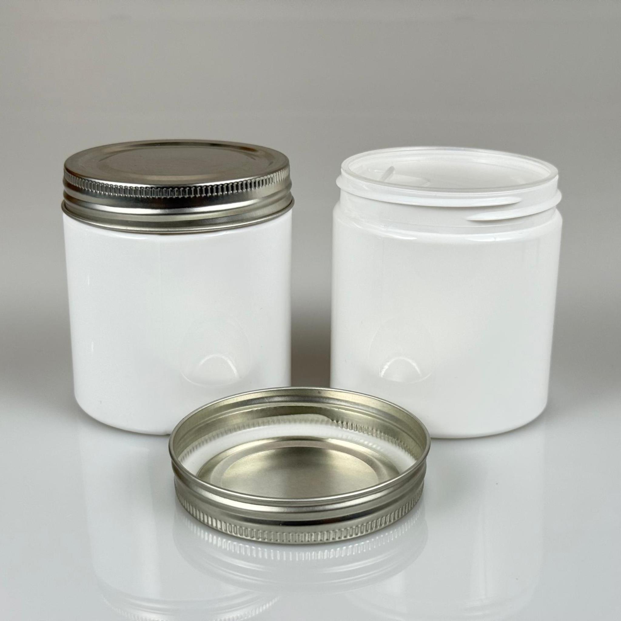 250 ML SERT PET KAVANOZ + GÜMÜŞ METAL KAPAK + İÇ TIPA - 250 CC KALIN BEYAZ PLASTİK KAVANOZ GÜMÜŞ METAL KAPAKLI İÇ TIPALI TAKIM - KREM KAVANOZLARI