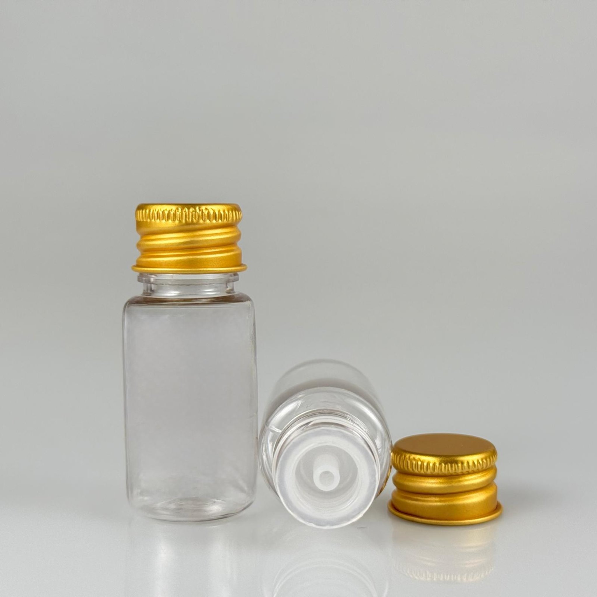 10 CC ŞEFFAF PET SHOT ŞİŞE - KÖPÜK CONTALI GOLD ALÜMİNYUM METAL KAPAKLI + DAMLALIKLI KOLONYA TIPALI TAKIM - 10 ML PLASTİK ŞİŞE