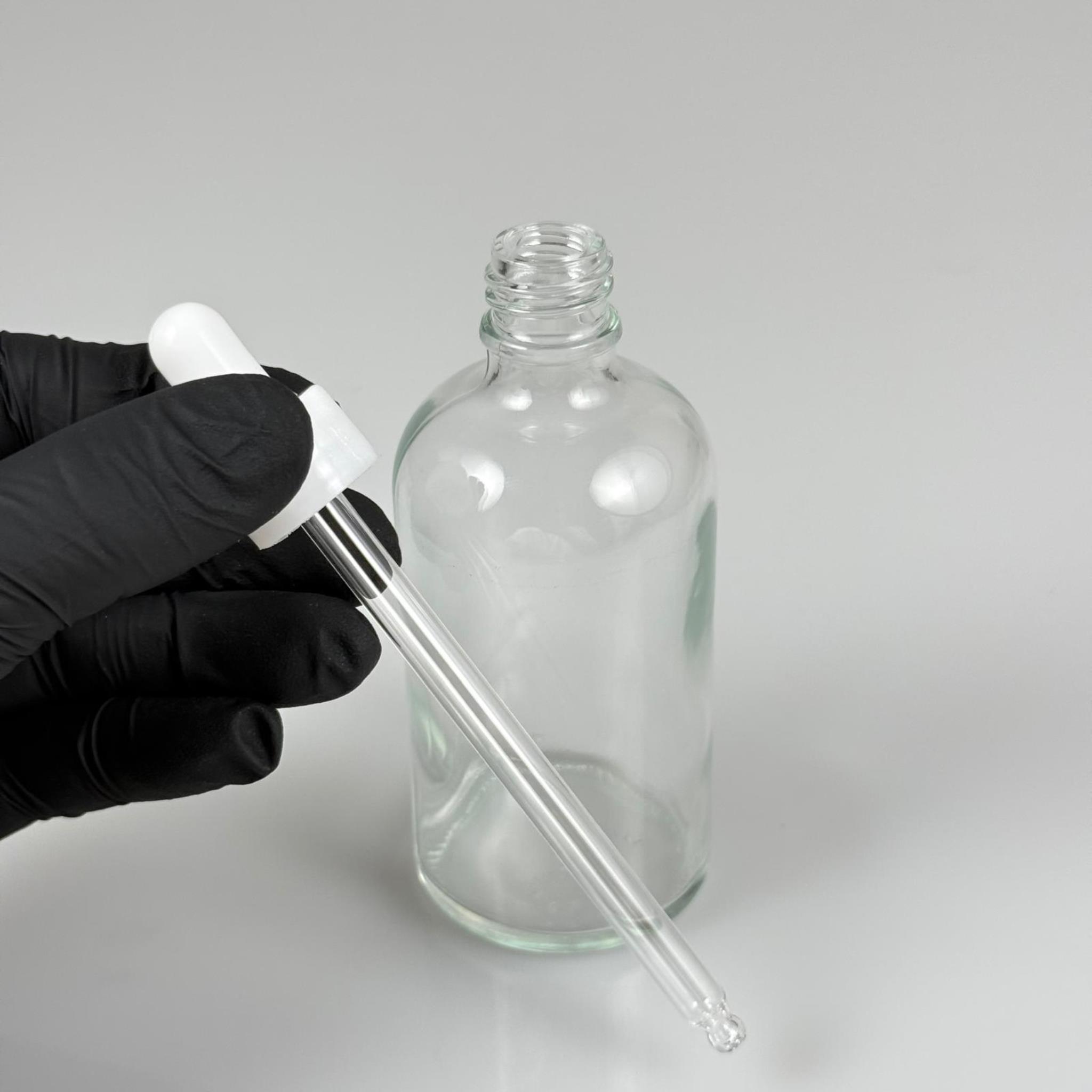 100 CC ŞEFFAF CAM DAMLALIKLI ŞİŞE - BEYAZ EMZİK + BEYAZ DÜZ KAPAK + CAM PİPET TAKIM - 100 ML DAMLALIKLI ŞİŞE SETİ