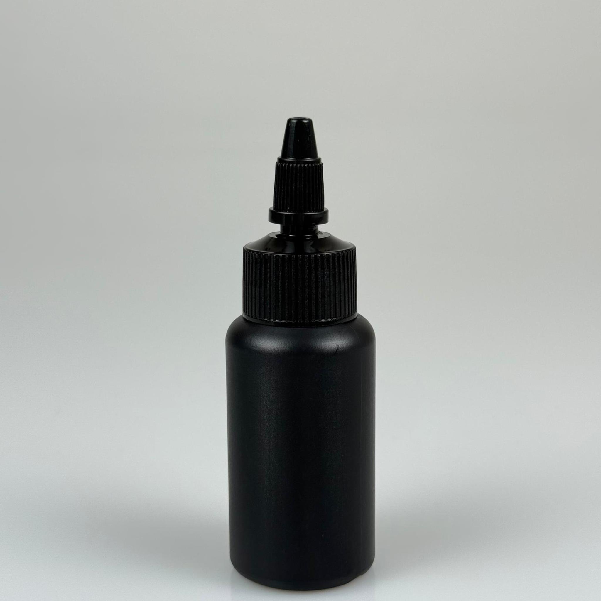 YAĞ, SOS, ACI SOS, SİRKE, SRIRACHA, MÜREKKEP, TUTKAL AKITICI VB BOŞ ŞİŞELERİ - SİYAH SİVRİ TWİST AKITICI KAPAK + 50 ML SİYAH POLİETİLEN PLASTİK ŞİŞE TAKIM