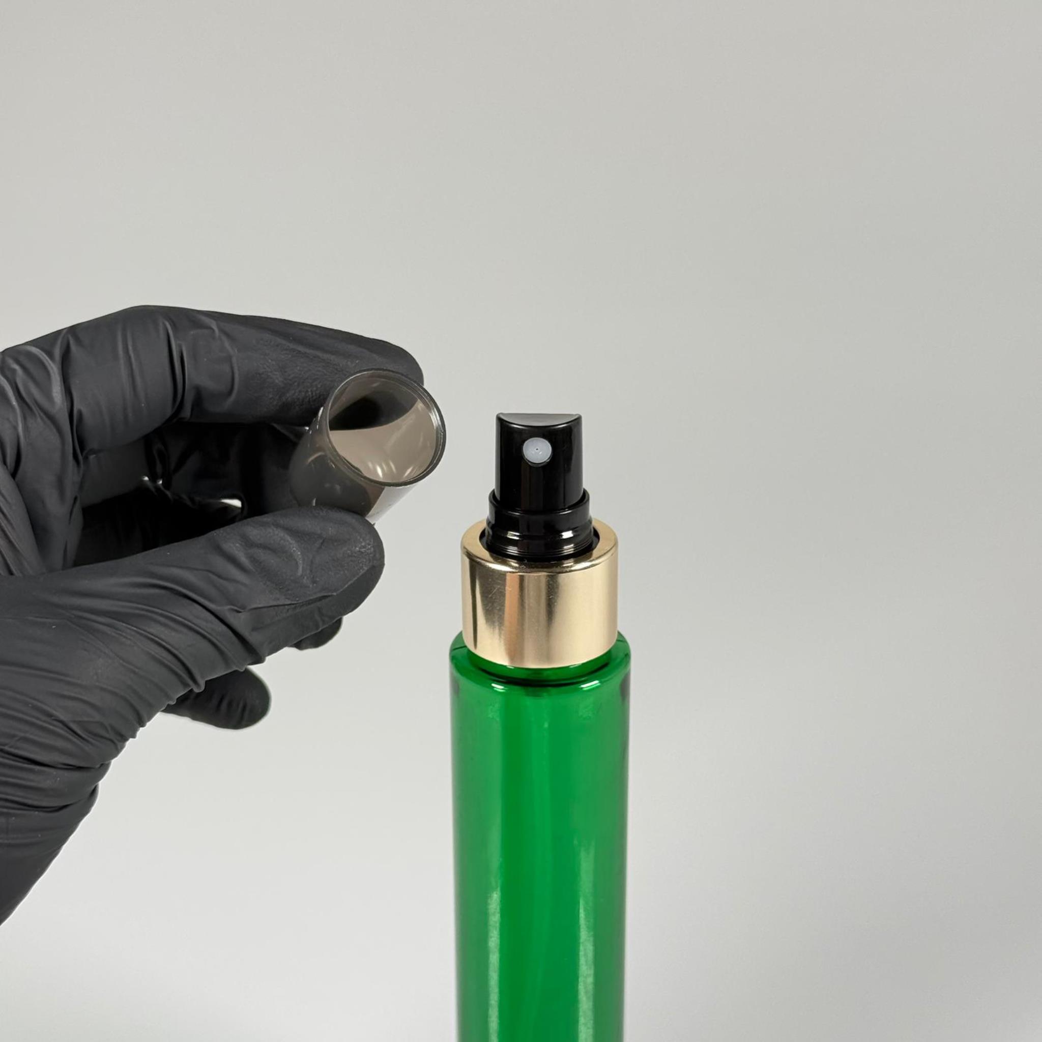 100 CC UZUN SİLİNDİR YEŞİL PET ŞİŞE (24 GR)  - GOLD SPREYLİ - 100 ML BİBERİYE SUYU, LAVANTA YAĞI, SAÇ SERUM, TONİK VB İÇİN PLASTİK KOZMETİK AMBALAJLARI