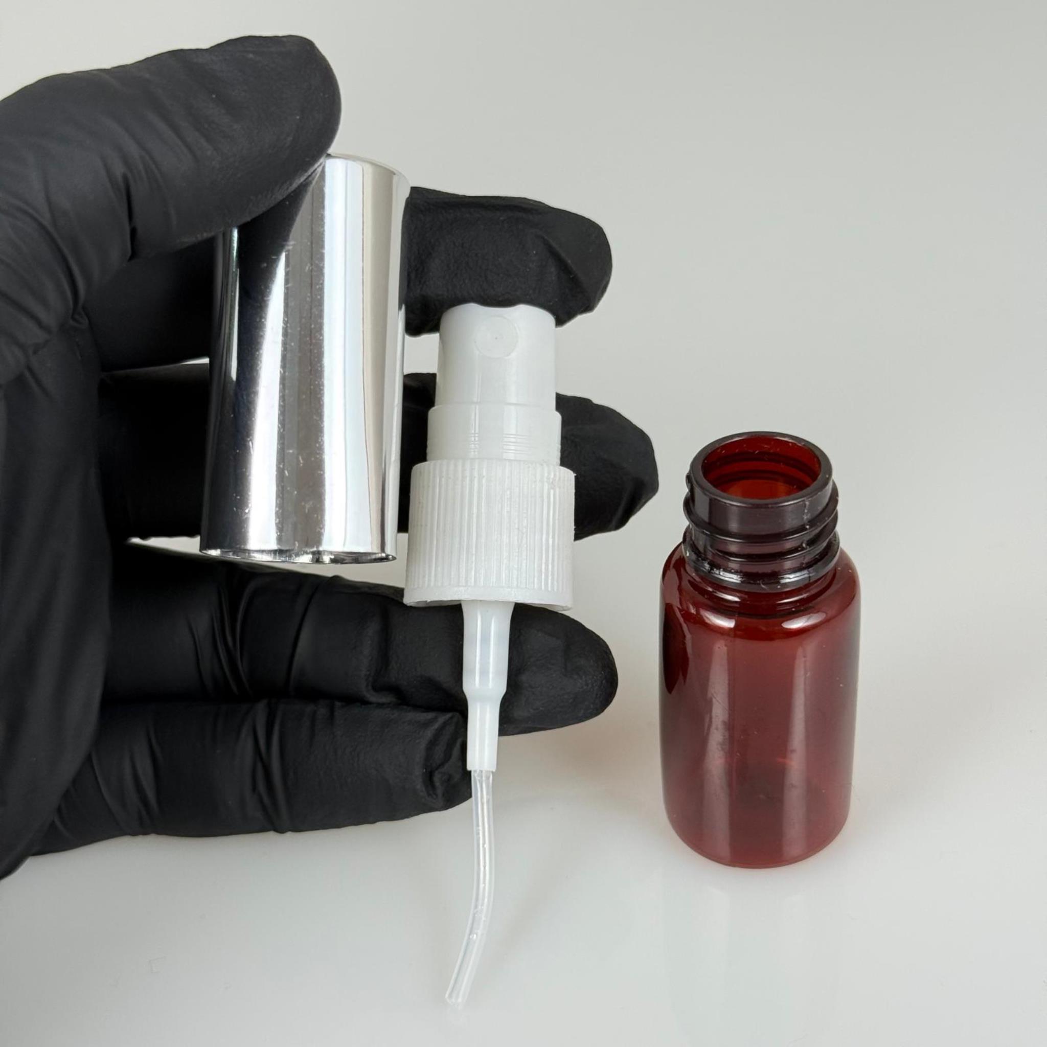 10 ML PET KOLONYA, PARFÜM VB ŞİŞELERİ - METAL ALÜMİNYUM GÜMÜŞ KAPAK + VİDALI SPREY + 10 CC AMBER SHOT ŞİŞE SET TAKIM