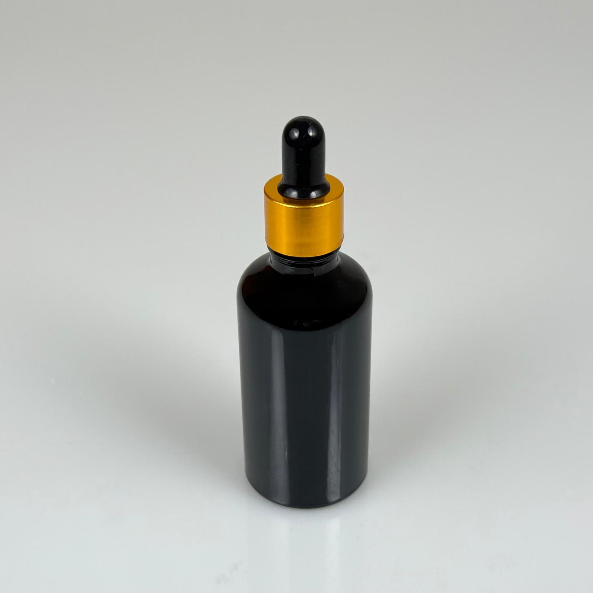 50 CC SİYAH CAM DAMLALIKLI ŞİŞE - SİYAH EMZİK - GOLD METALİK KAPAK - 50 ML SİYAH CAM DAMLALIKLI ŞİŞE - DAMLALIKLI BOŞ ŞİŞE