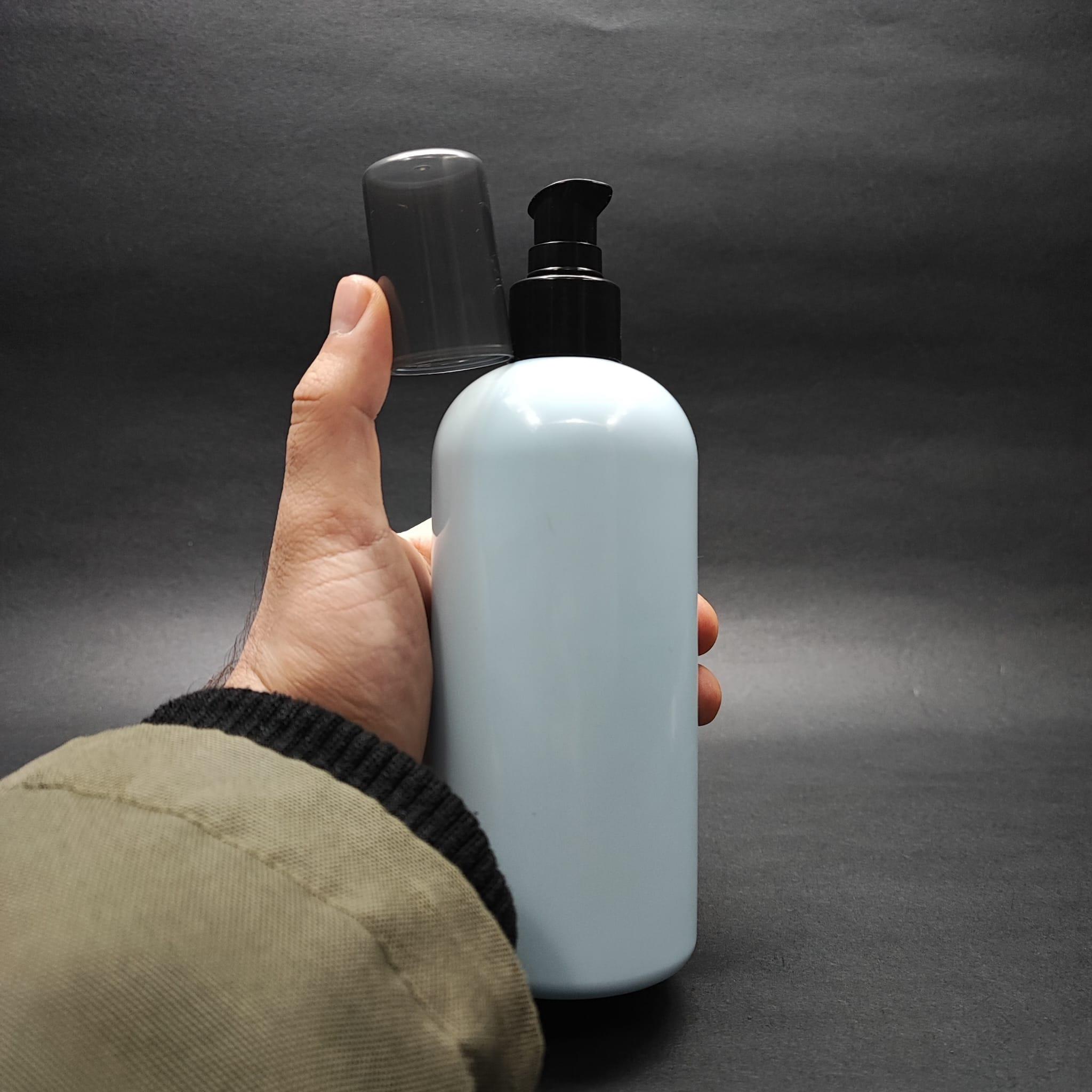 400 CC OVAL BOYUNLU SİLİNDİR PET ŞİŞE (30 GR) - SİYAH LOSYON POMPALI - 400 ML PLASTİK ŞİŞE - BEBEK MAVİSİ