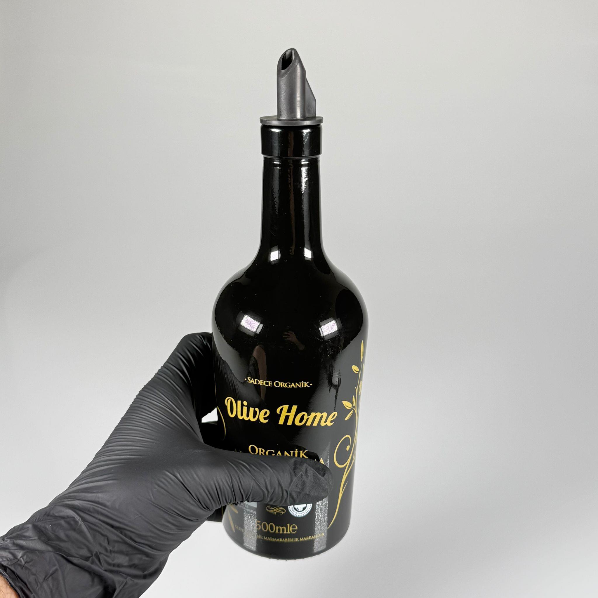 500 CC SİYAH OLİVE YAZI CAM ZEYTİNYAĞ ŞİŞESİ - SİLİKON AKITICILI YAĞDANLIK TIPALI - 500 ML YAĞDANLIK BASKILI CAM ŞİŞE