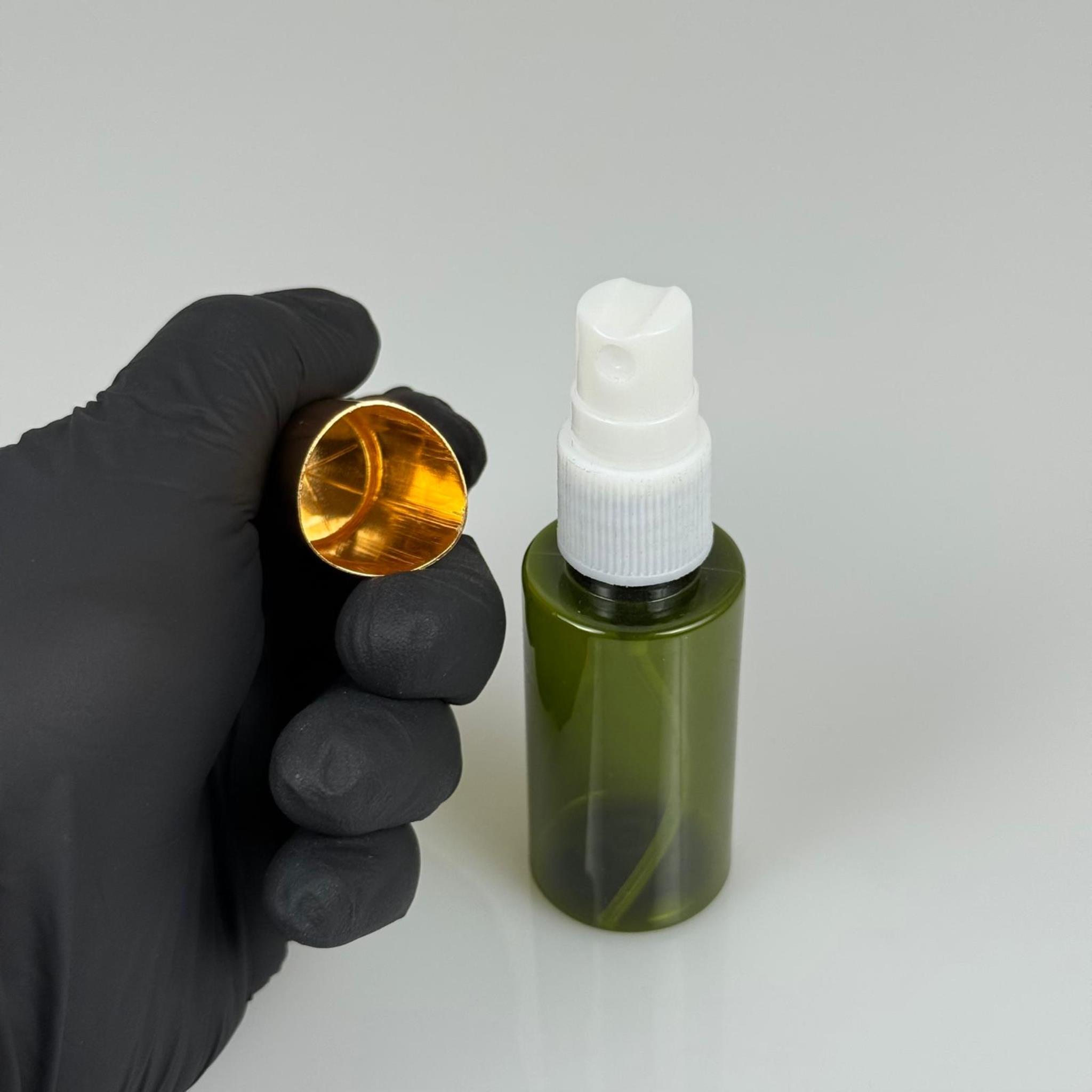 35 ML PET KOLONYA, PARFÜM VB ŞİŞELERİ - METAL ALÜMİNYUM GOLD KAPAK + VİDALI SPREY + 35 CC YEŞİL ŞİŞE SET TAKIM