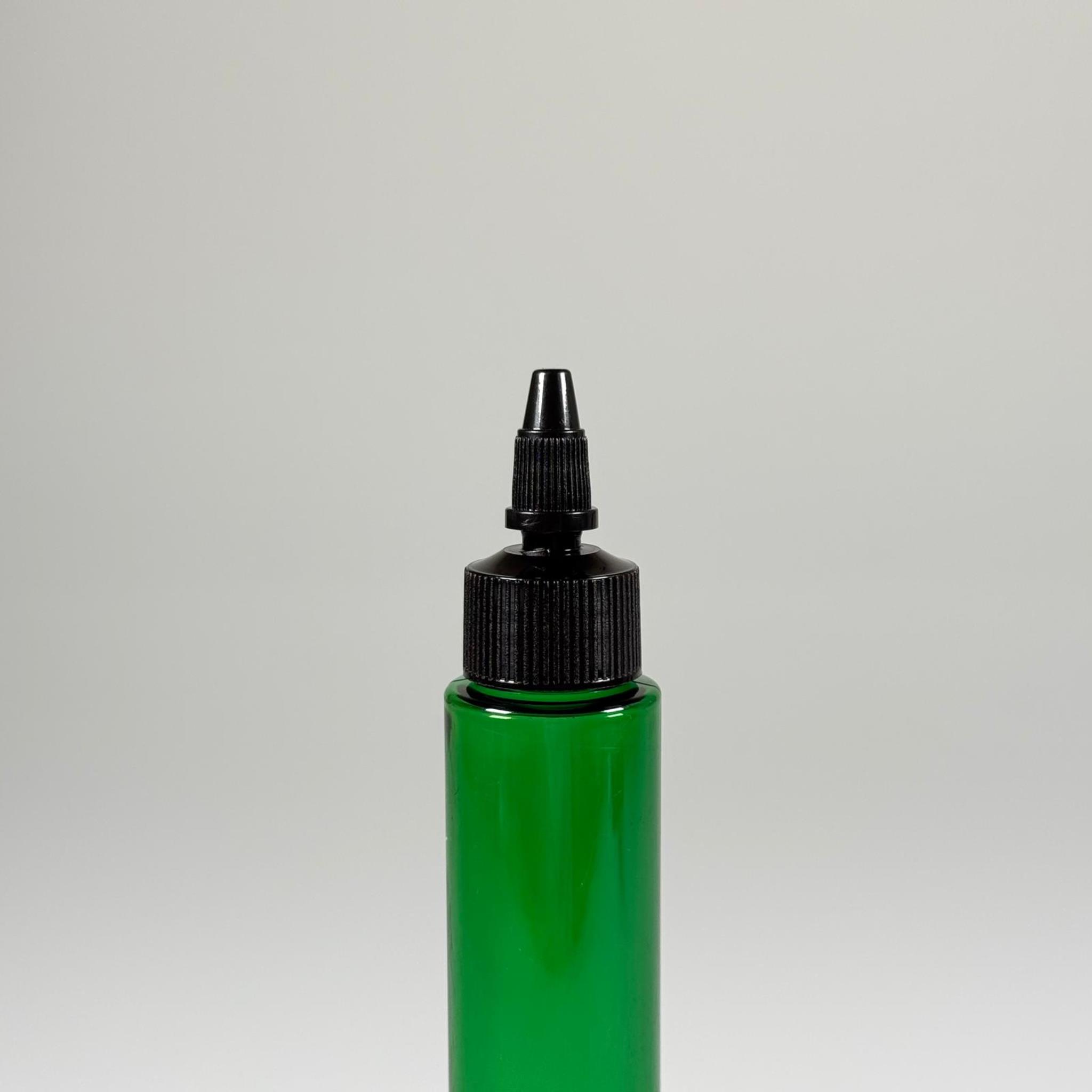 100 CC UZUN SİLİNDİR YEŞİL PET ŞİŞE (24 GR) - SİYAH TWİST SİVRİ ASANSÖR AKITICI KAPAKLI - 100 ML BİBERİYE SUYU, LAVANTA YAĞI, SAÇ SERUM, TONİK VB İÇİN PLASTİK KOZMETİK AMBALAJLARI