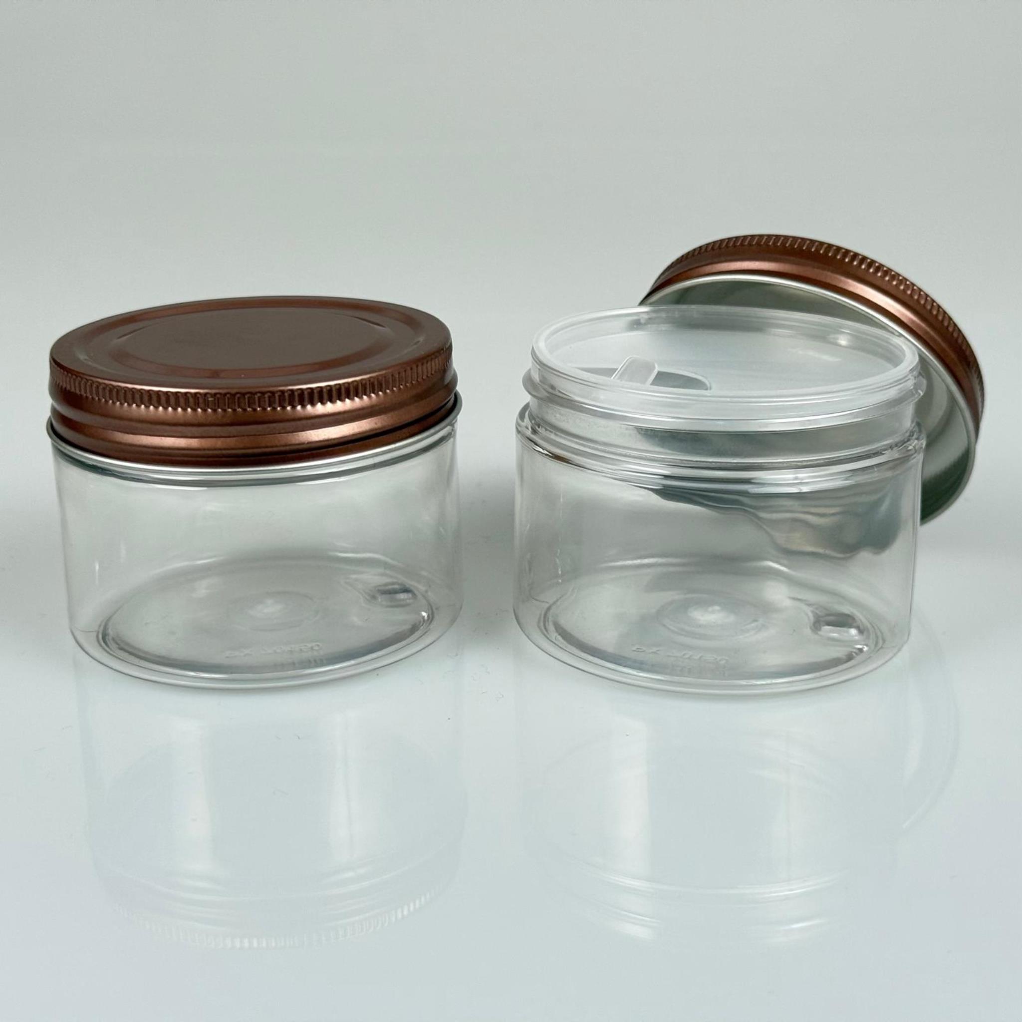 150 ML SERT PET KAVANOZ + BRONZ METAL KAPAK + İÇ TIPA - 150 CC KALIN ŞEFFAF PLASTİK KAVANOZ BRONZ METAL KAPAKLI İÇ TIPALI TAKIM - KREM KAVANOZLARI