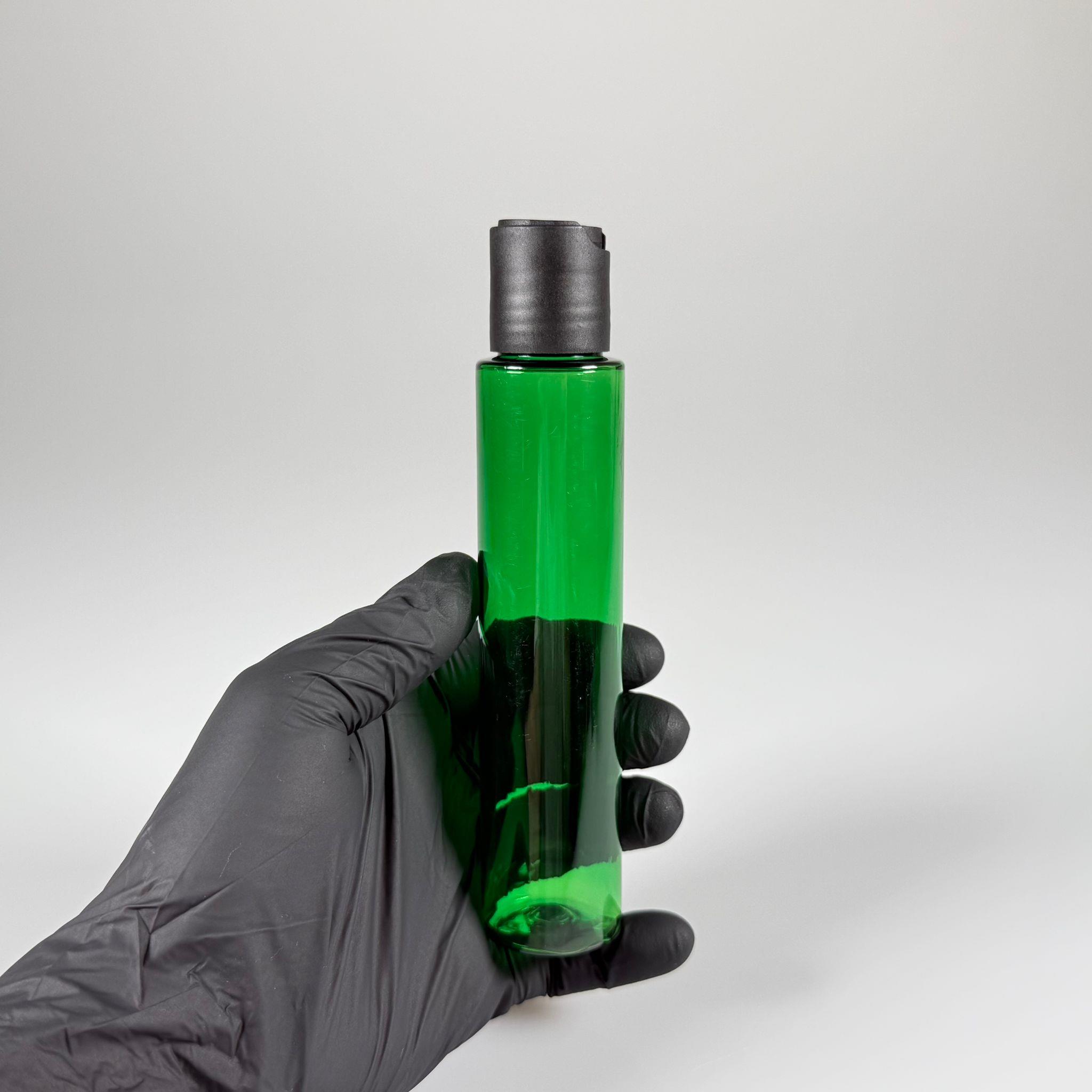 100 CC UZUN SİLİNDİR YEŞİL PET ŞİŞE (24 GR) - SİYAH DİSKTOP AKITICI ŞAMPUAN KAPAKLI - 100 ML BİBERİYE SUYU, LAVANTA YAĞI, SAÇ SERUM, TONİK VB İÇİN PLASTİK KOZMETİK AMBALAJLARI