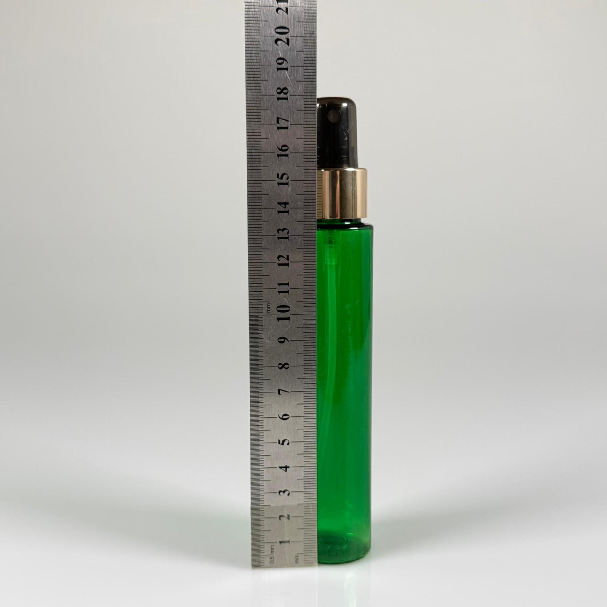 100 CC UZUN SİLİNDİR YEŞİL PET ŞİŞE (24 GR)  - GOLD SPREYLİ - 100 ML BİBERİYE SUYU, LAVANTA YAĞI, SAÇ SERUM, TONİK VB İÇİN PLASTİK KOZMETİK AMBALAJLARI