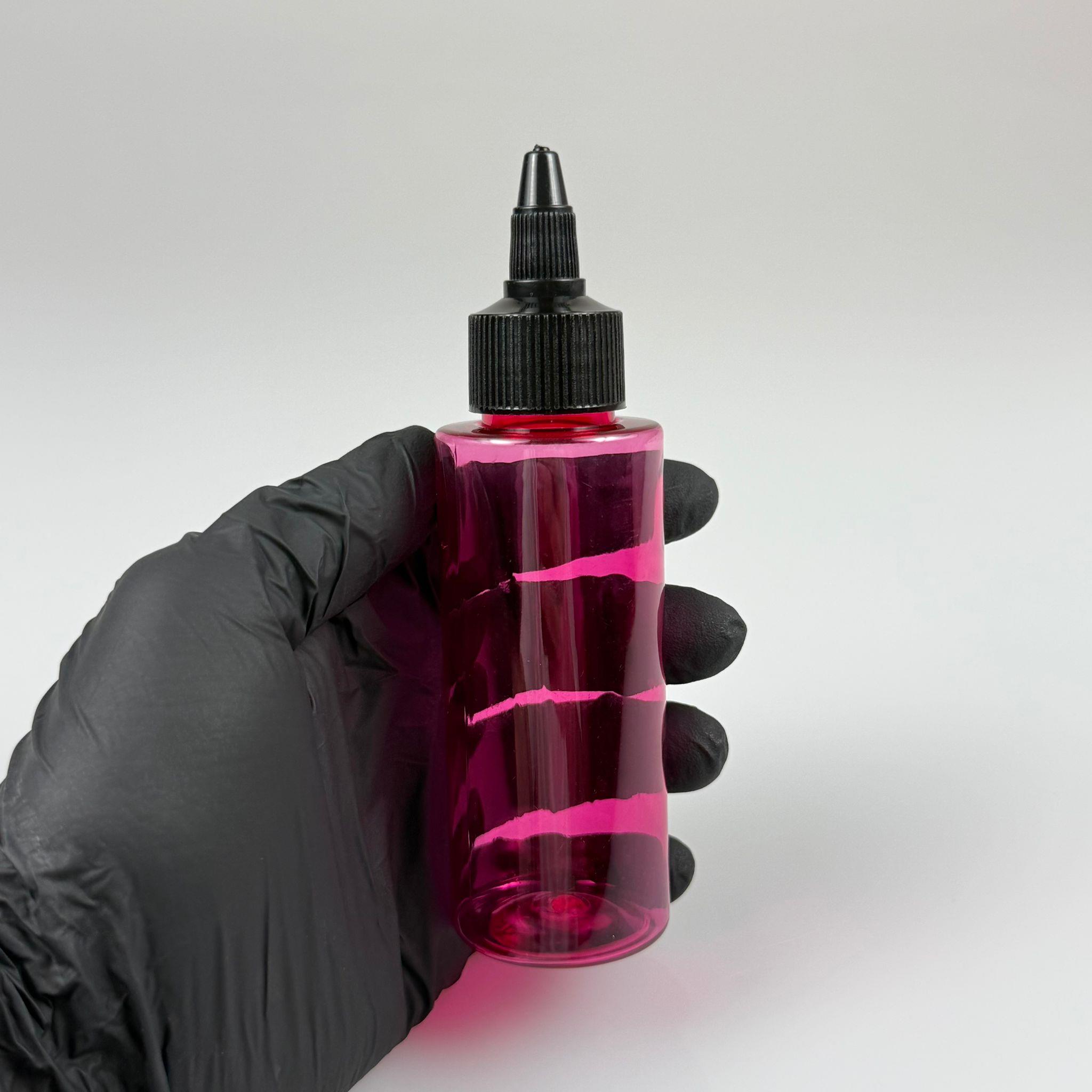 YAĞ, SOS, ACI SOS, SİRKE, SRIRACHA, MÜREKKEP, TUTKAL AKITICI VB BOŞ ŞİŞELERİ - SİYAH SİVRİ TWİST AKITICI KAPAK + 100 ML KÜT PEMBE SERT PET PLASTİK ŞİŞE TAKIM