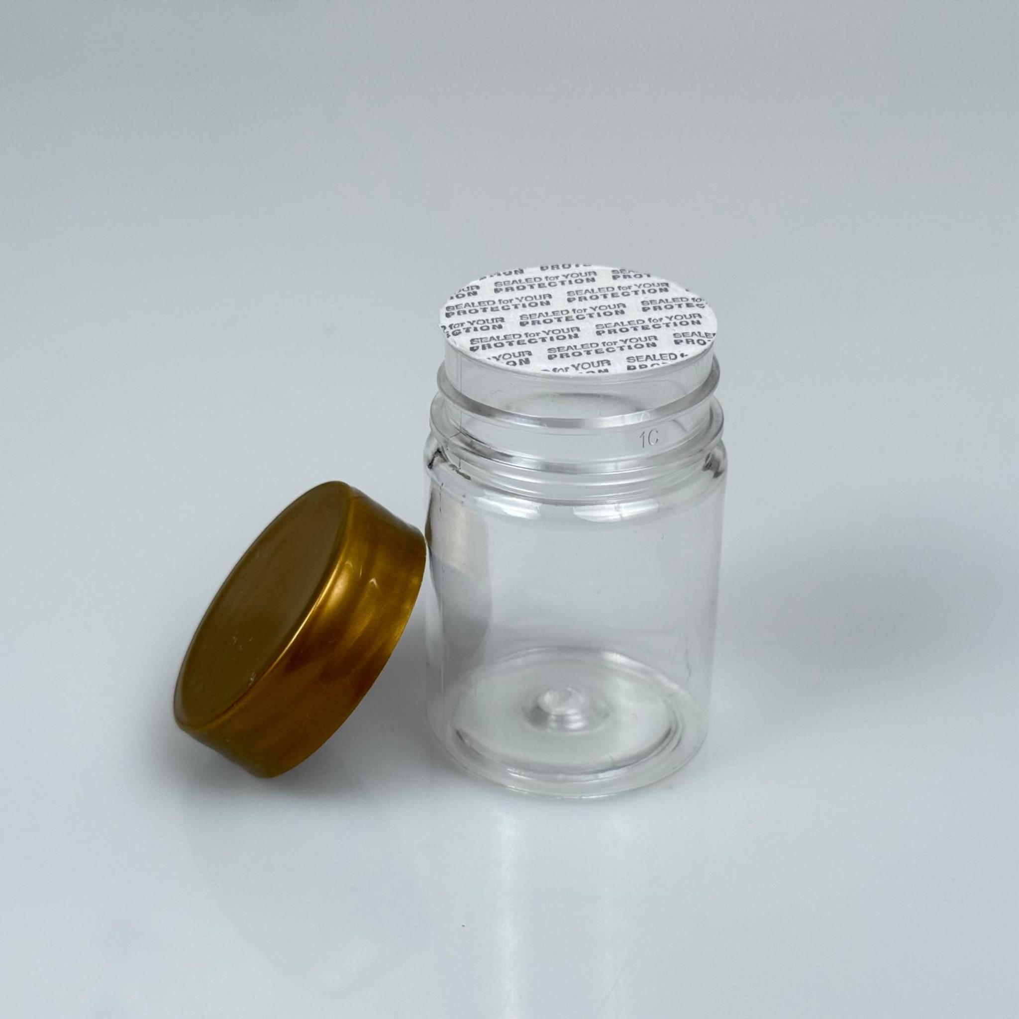 50 CC PET ŞİŞE GENİŞ AĞIZLI - GOLD KAPAKLI + KENDİNDEN YAPIŞKANLI KÖPÜK CONTALI - 50 ML PLASTİK NUMUNE KAVANOZU, MİNİ TABLET KAVANOZU