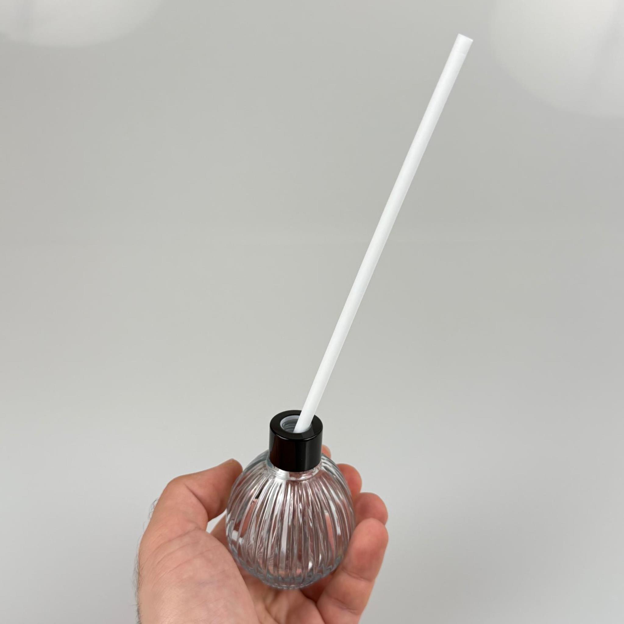 ÇİZGİLİ TOP MODEL CAM BAMBU ODA KOKUSU ŞİŞESİ + METAL SİYAH KAPAK + TIPA + KALIN BEYAZ FİBER BAMBU ÇUBUK - 50 ML SET TAKIM - HEDİYELİK PROMOSYON DİFFUSER ŞİŞELERİ
